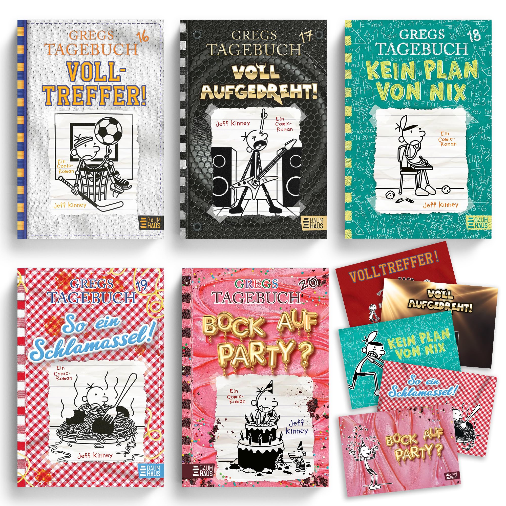 Jeff Kinney Bücherset - Gregs Tagebuch Band 16-20 - Volltreffer, Voll aufgedreht, Kein Plan von nix, So ein Schlamassel, Bock auf Party - Kinderbuch Comic Bestseller mit je einer exklusiven Postkarte