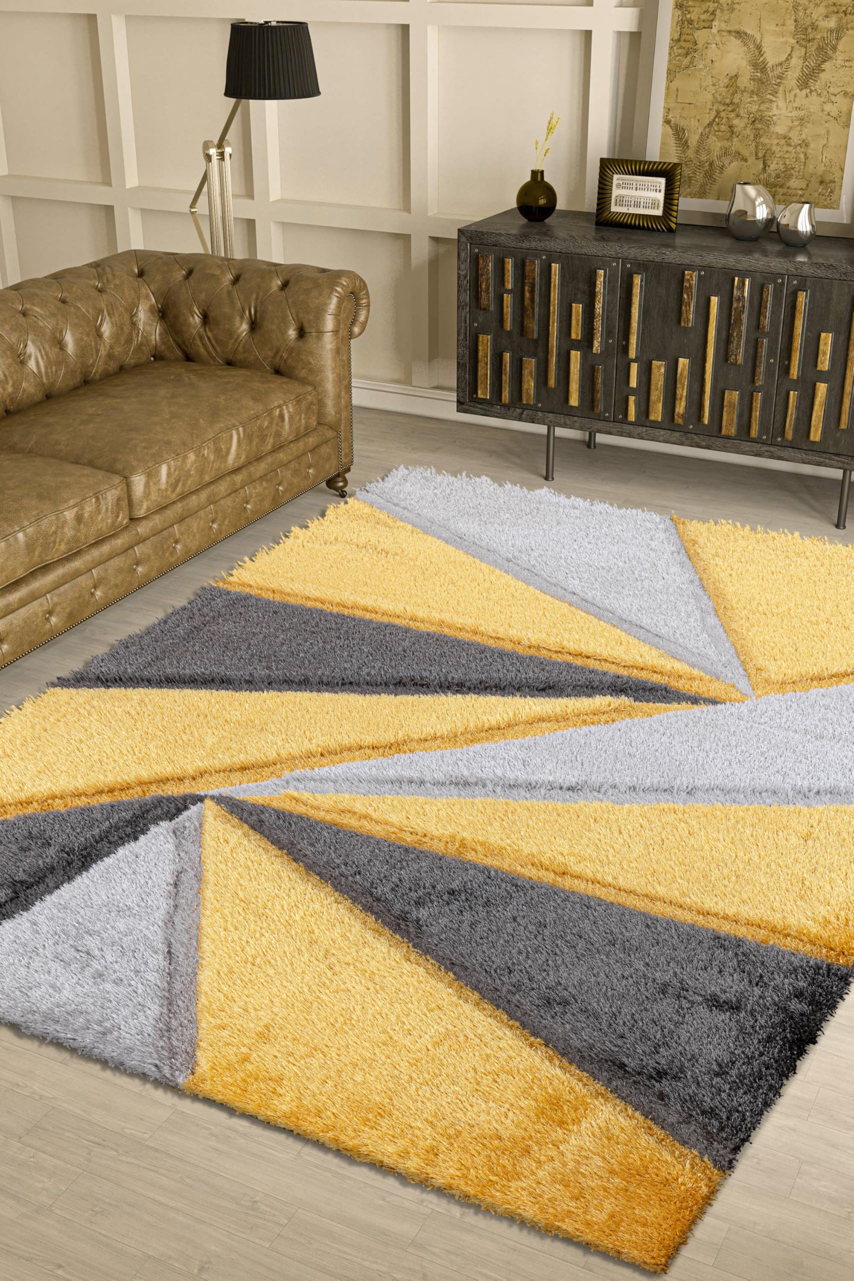 3D Illusion Shaggy Carpet Modern Geometric Area Rug for Living Room, Bedroom Soft Thick Pile Non-Shedding, Machine Made Polypropylene (Ochre, 160 cm × 230 cm = 5.25 ft × 7.55 ft)
