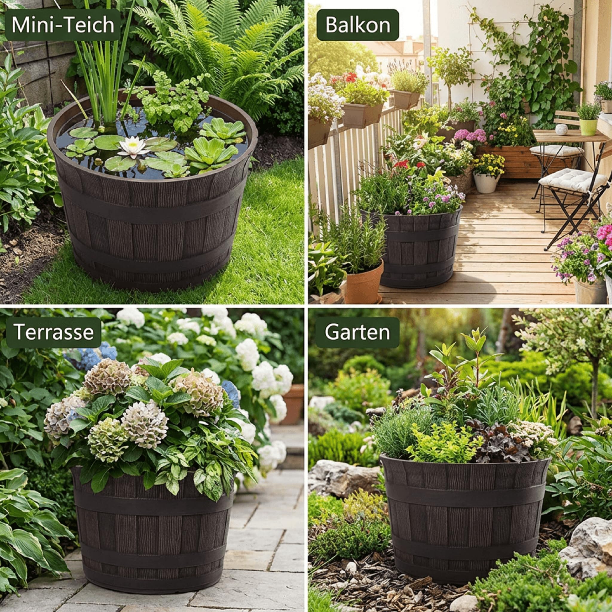 Pflanzkübel Barrique Holzoptik Ø36 cm – Kunststoff Blumenkübel im Barrique Fass Design – Ideal als Miniteich, Wasserspiel oder Übertopf – Wasserdicht und Frostbeständig