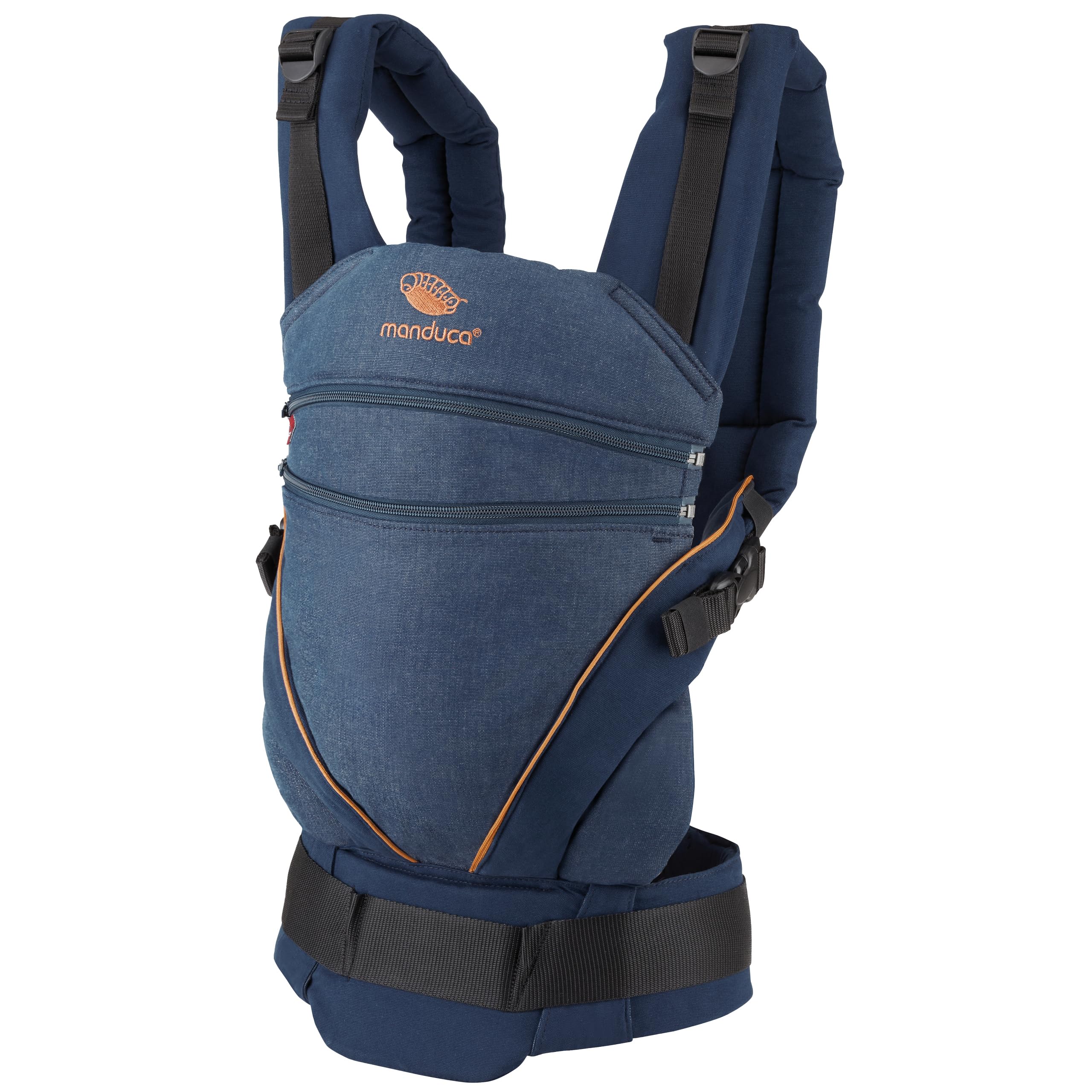 manduca XT Baby Carrier > Uno per Tutti < Marsupio Ergonomico e Flessibile con Seduta Regolabile, Neonati dalla Nascita e Bambini fino a 20kg, Cotone Biologico (denimblue-toffee/jeans blu-caramello)