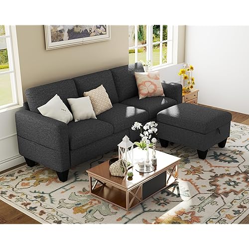 Sectional Sofa Couches for Living Room: Convertible L Shaped Couch with Storage Ottoman - Grey Small 3 Seater Sofas Furniture Set for Small Space