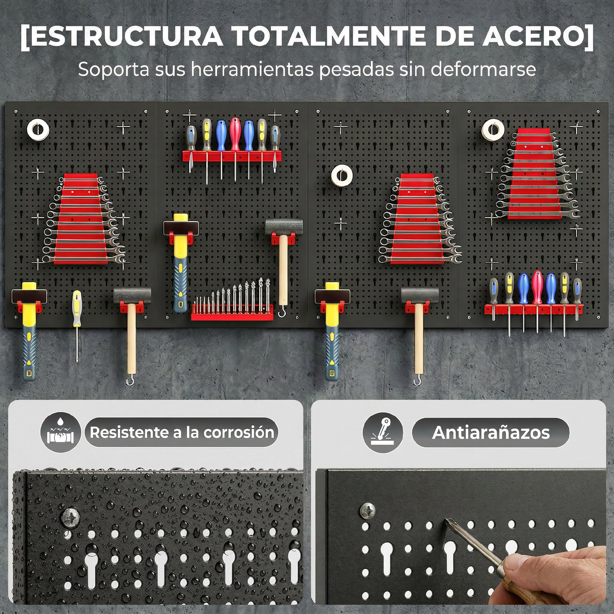 HOMCOM 4 Paneles de Herramientas de Pared, 38 Piezas, cada panel 60x40 cm, Organizador de Herramientas de Pared con Ganchos y Estantes, para Garajes y Bricolaje, Negro y Rojo