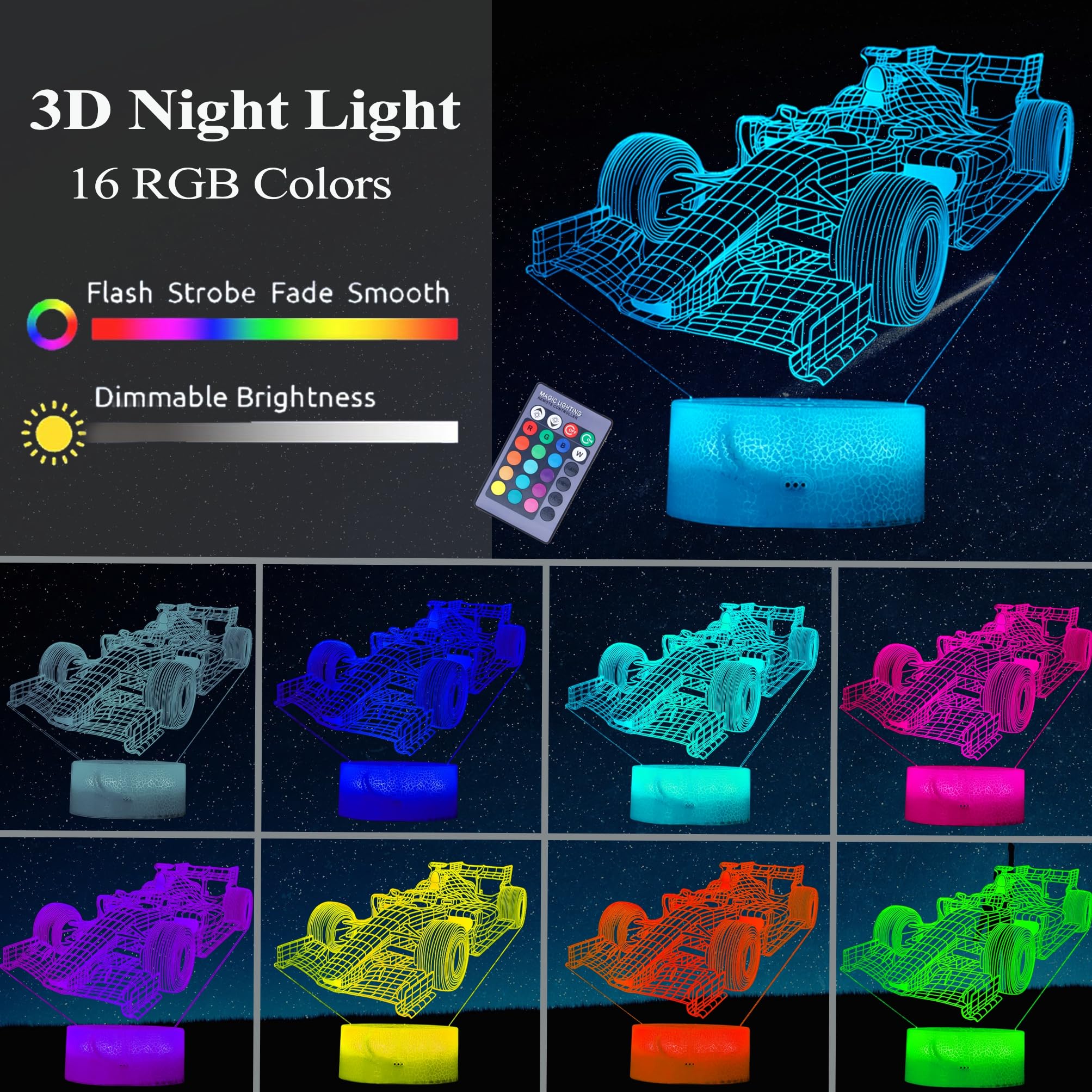 POSSHE Racing Car Gifts for Boy Race Car Night Light with Remote Control, 16 Colors Changing, RGB Flashing Mode and Dimmable - Image 2