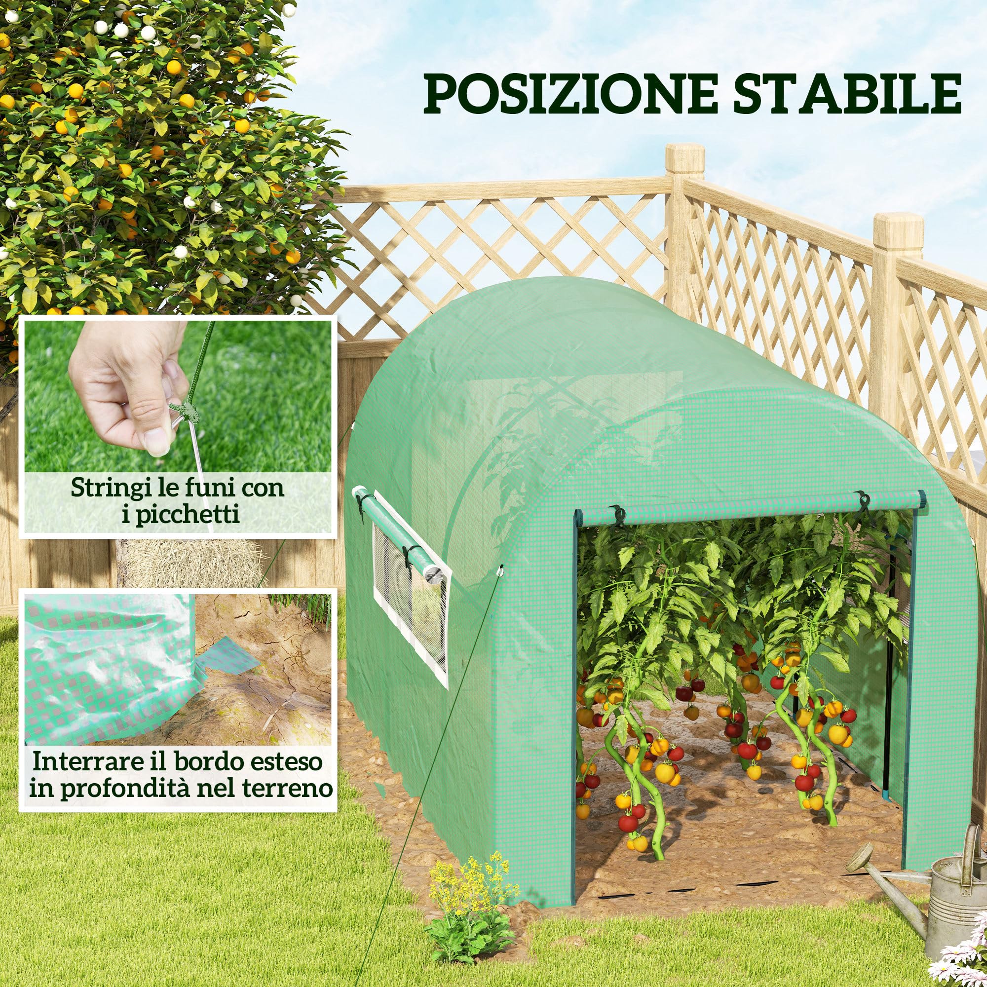 Outsunny Serra da Giardino a Tunnel 3x2x2 m con Porte e Finestre Avvolgibili, Serra per Orto con Struttura in Acciaio e Copertura PE, per Orto Verdure Fiori Frutta, Anti UV, Verde