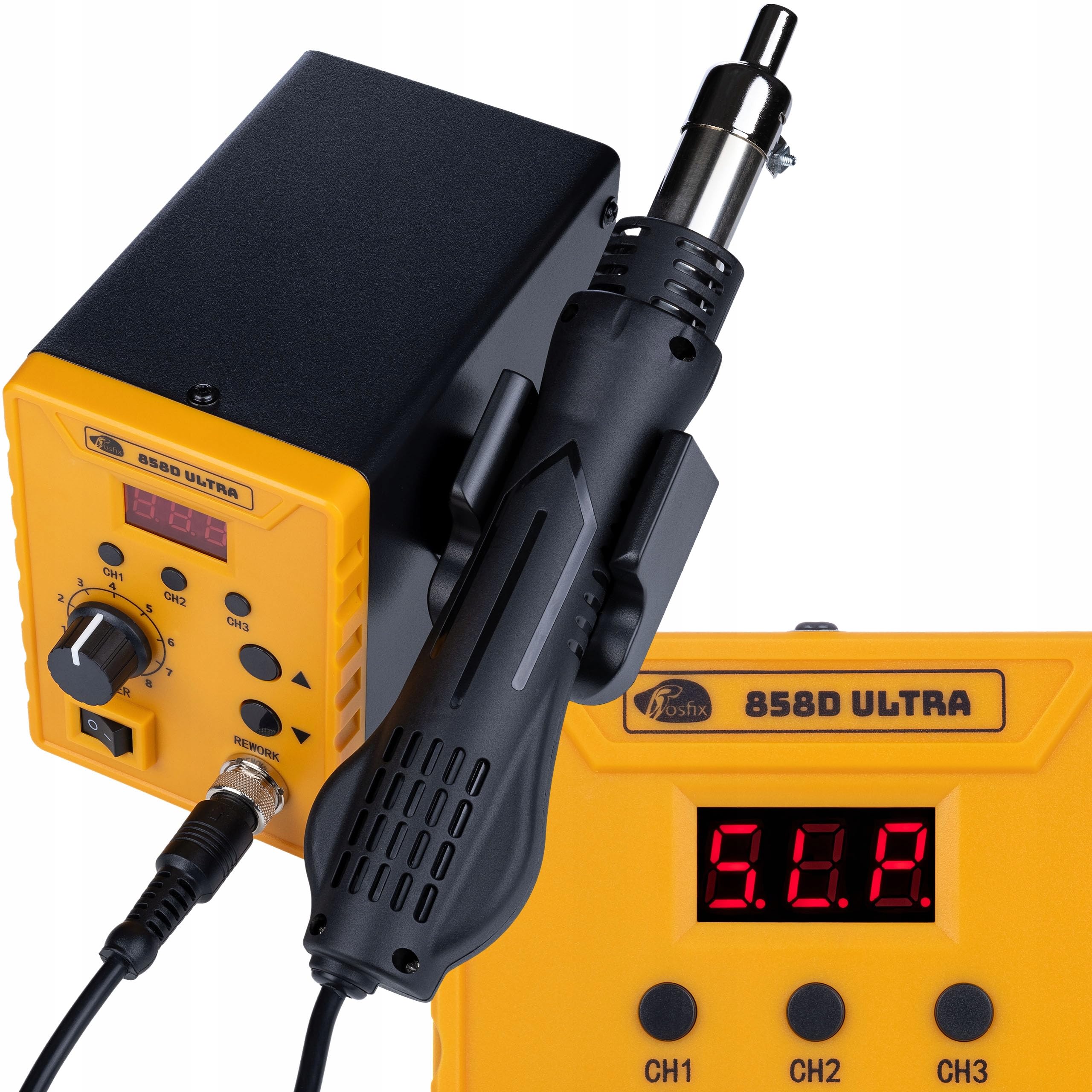 Stacja lutownicza 16 w 1 Rosfix 858D Ultra 700 W + precyzyjna lutownica 80 W LCD, 100-500°C, 3 pamięci, 3 dysze, spawarka do tworzyw sztucznych, mata silikonowa, akcesoria, etui