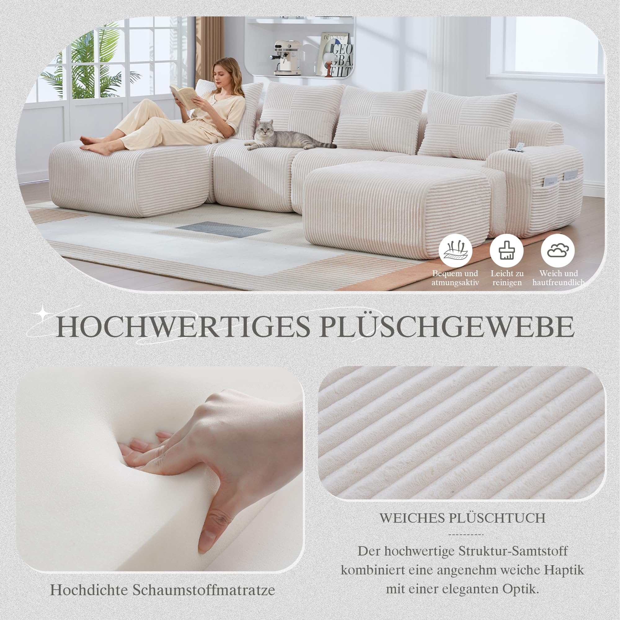 Yihomfy Canapé Modulaire en Velours Corde, Canapé d'angle en Forme de U, avec 2 Tabourets, Configuration Libre, avec Porte-Gobelet et Poches Latérales, Canapé pour Salon (Beige, 4 Sièges+2 Tabouret)