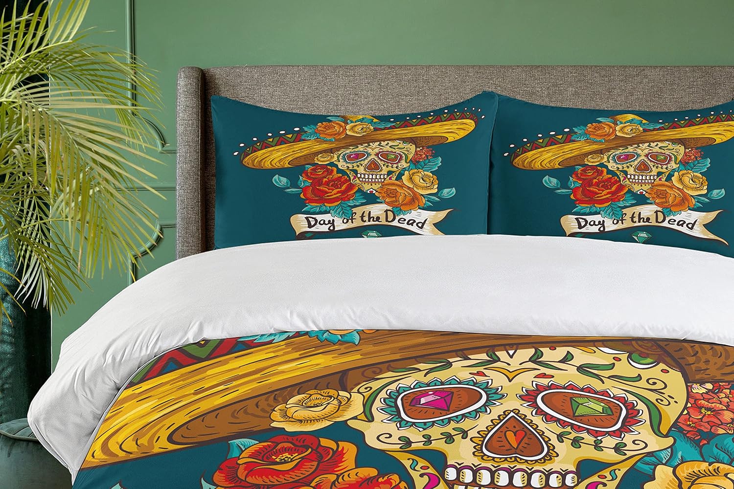 Ambesonne Day of The Dead Duvet Cover Set, Mexican Hat Skull Roses Art Print, Decorative 3 Piece Bedding Set with 2 Pillow Shams, Queen Size, Petrol Blue Turquoise