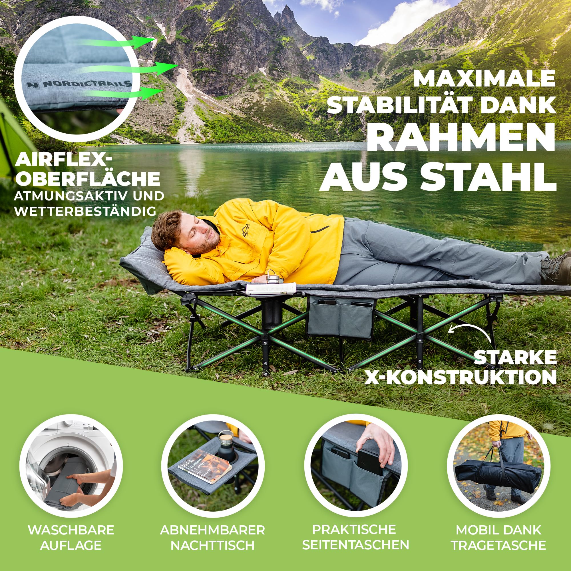 𝐍𝐎𝐑𝐃𝐈𝐂𝐓𝐑𝐀𝐈𝐋𝐒 Feldbett klappbar [Campingbett] XXL Campingliege | Faltbar, leicht & breit für Outdoor | Gästebett klappbar, Liege, Klappbett, Angelliege, Camping Karpfenliege | Mit Auflage