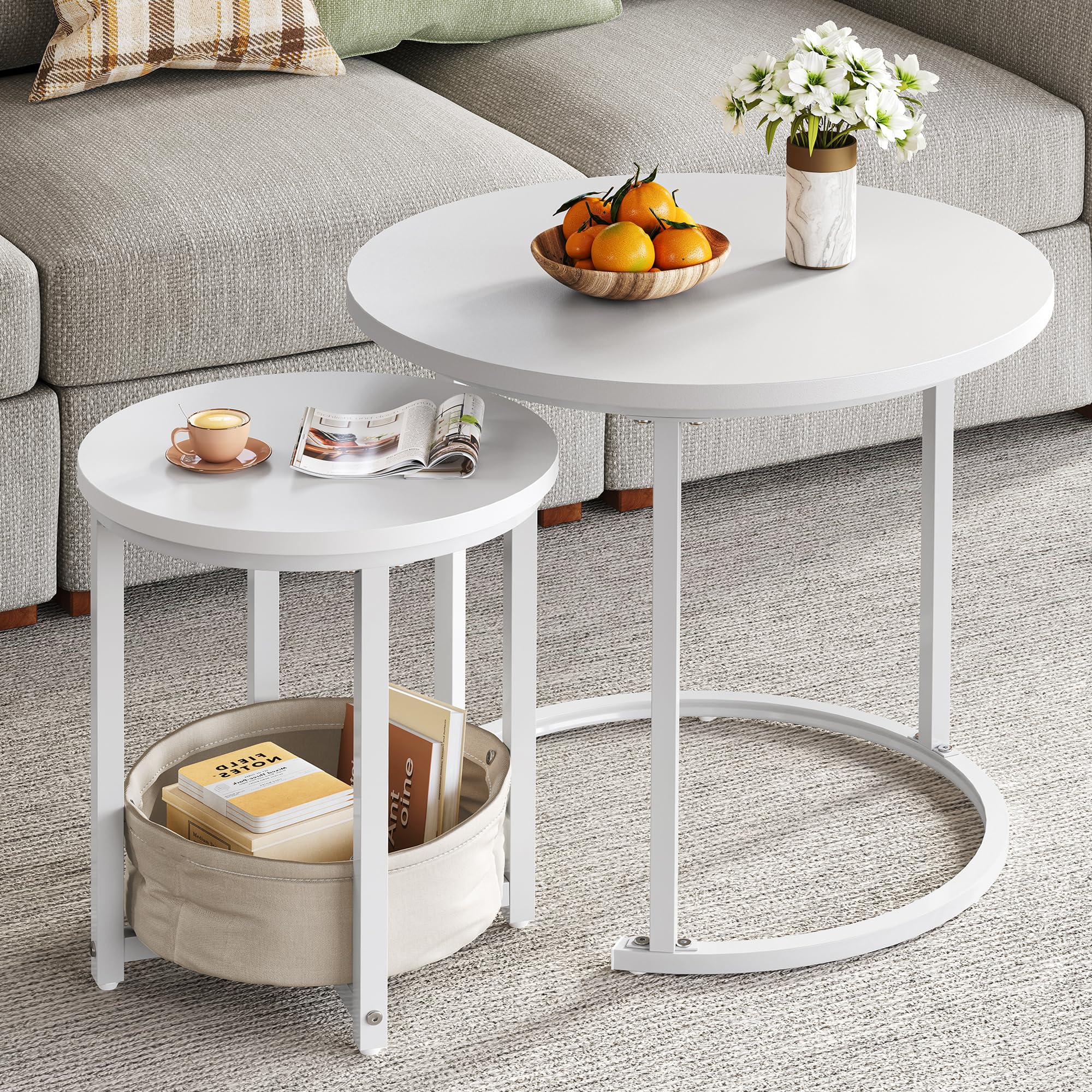 YITAHOME Set di 2 tavolini da salotto, rotondi, moderni, con borsa in tessuto, impilabili, con piano in legno e telaio in metallo, per soggiorno, ufficio, casa