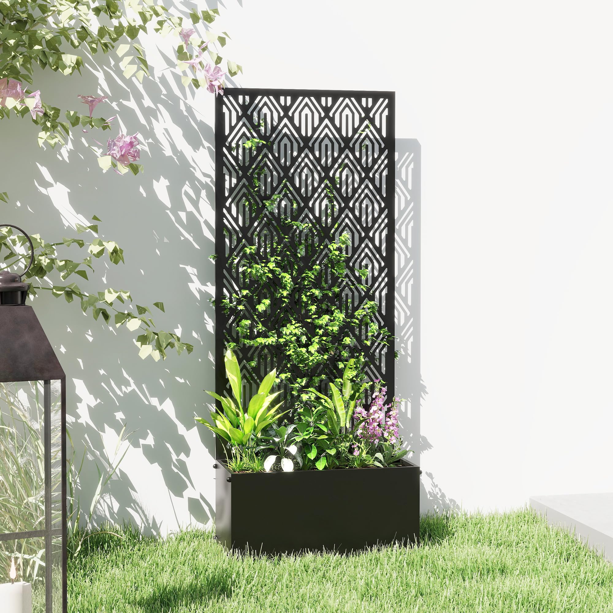 Outsunny Jardinière avec Treillis, bac à Fleurs, lit surélevé avec Brise-Vue, à Motif géométrique, pour Plantes grimpantes, légumes, Fleurs, métal, intérieur et extérieur, 45x21,5x110cm, Noir