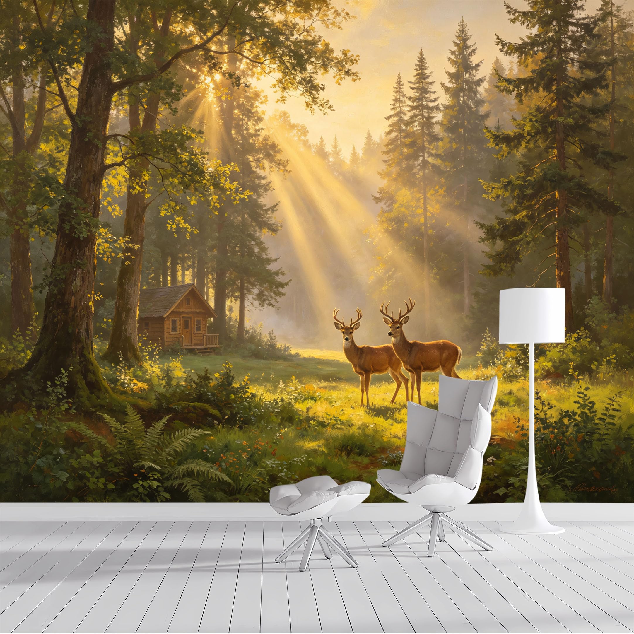 Custom Size Wall Mural Rustic Forest Deer Sunrise Cabin Landscape Oil Painting SelfAdhesive Wall Fabric Removable Peel and Stick Wallpaper Wall Decor for Living Room Bedroom Bathroom