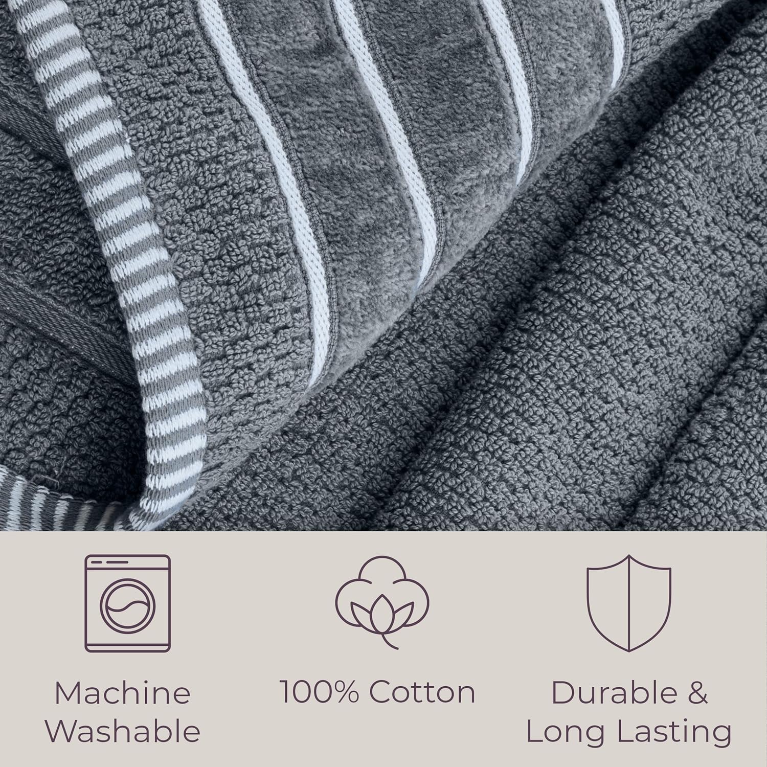 Luxury Cotton Towel Set - Rice Weave 100% Egyptian Cotton 6 Piece Set with 2 Bath Towels, 2 Hand Towels and 2 Washcloths - Silver Gray