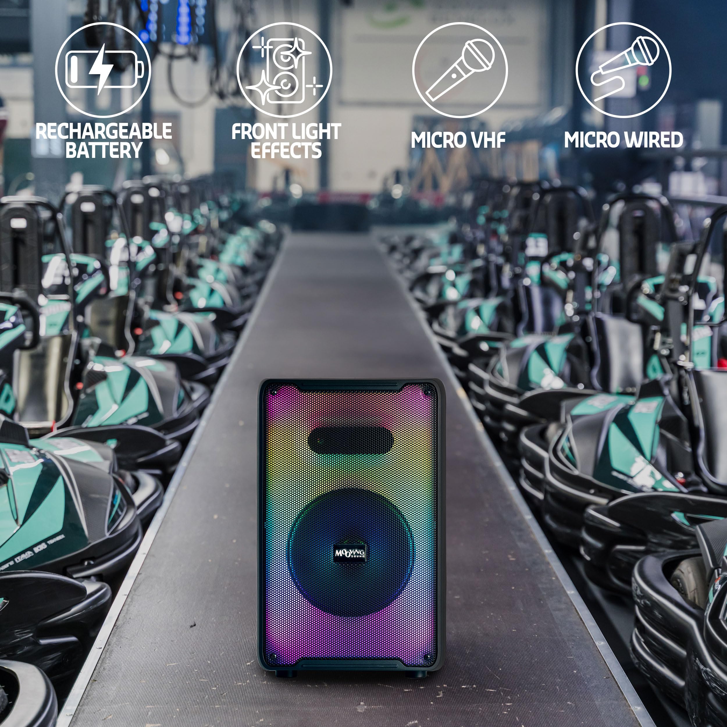 MS-KARA-MOOV500 - MOOVING SOUND - 8"/500W głośnik zasilany bateryjnie z efektem świetlnym na przednim panelu, 1 mikrofon bezprzewodowy i 1 mikrofon przewodowy - Czarny