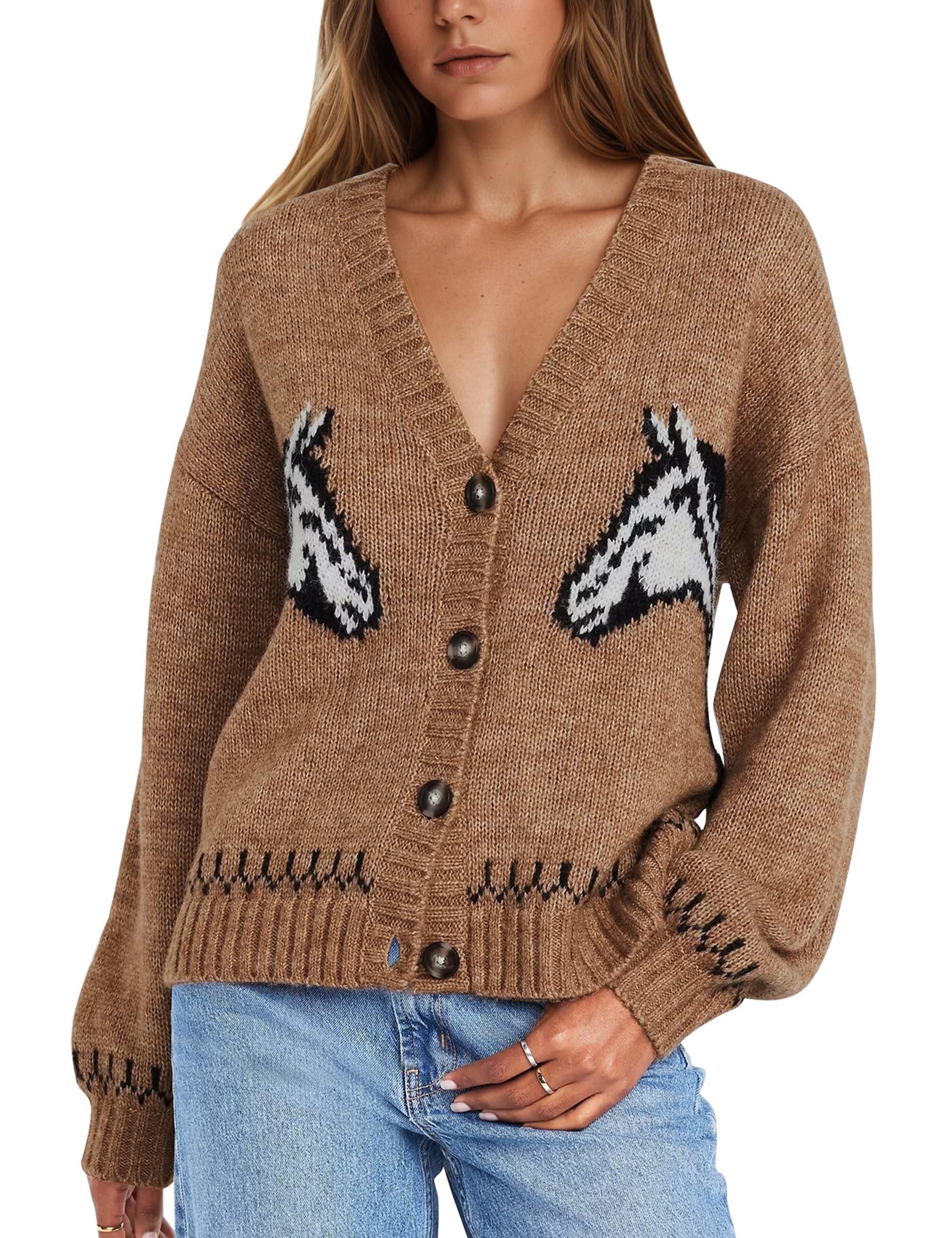 OLAPTA Women Horse Graphic Cardigan Sweater Button Down Long Sleeve Loose Fit V Neck Knit Sweater Jacket 2025