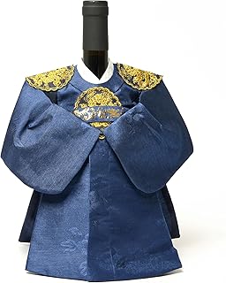 Korean Hanbok Wine Bottle Cover Gift, Unique Korean Gift for Women & Men, Decorative Wine Bottle Outfit for Wedding, Housewarming, Birthday (King/Blue)
