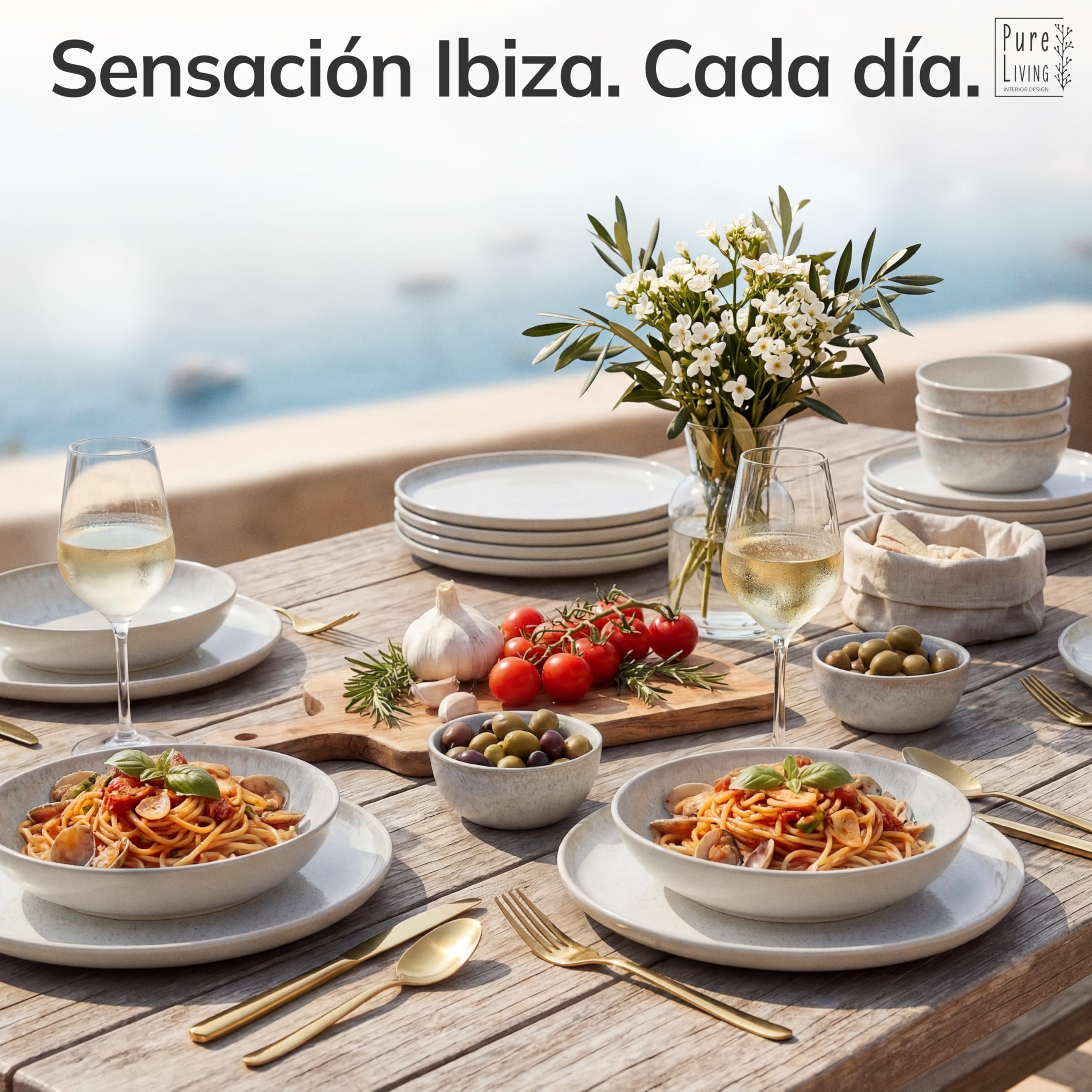 Juego de Vajilla de Steingut Ibiza para 6 Personas - 18 Piezas, Set de Vajilla para Lavavajillas y Microondas - Moderno Juego de Platos - Servicio de Pure Living en beige claro