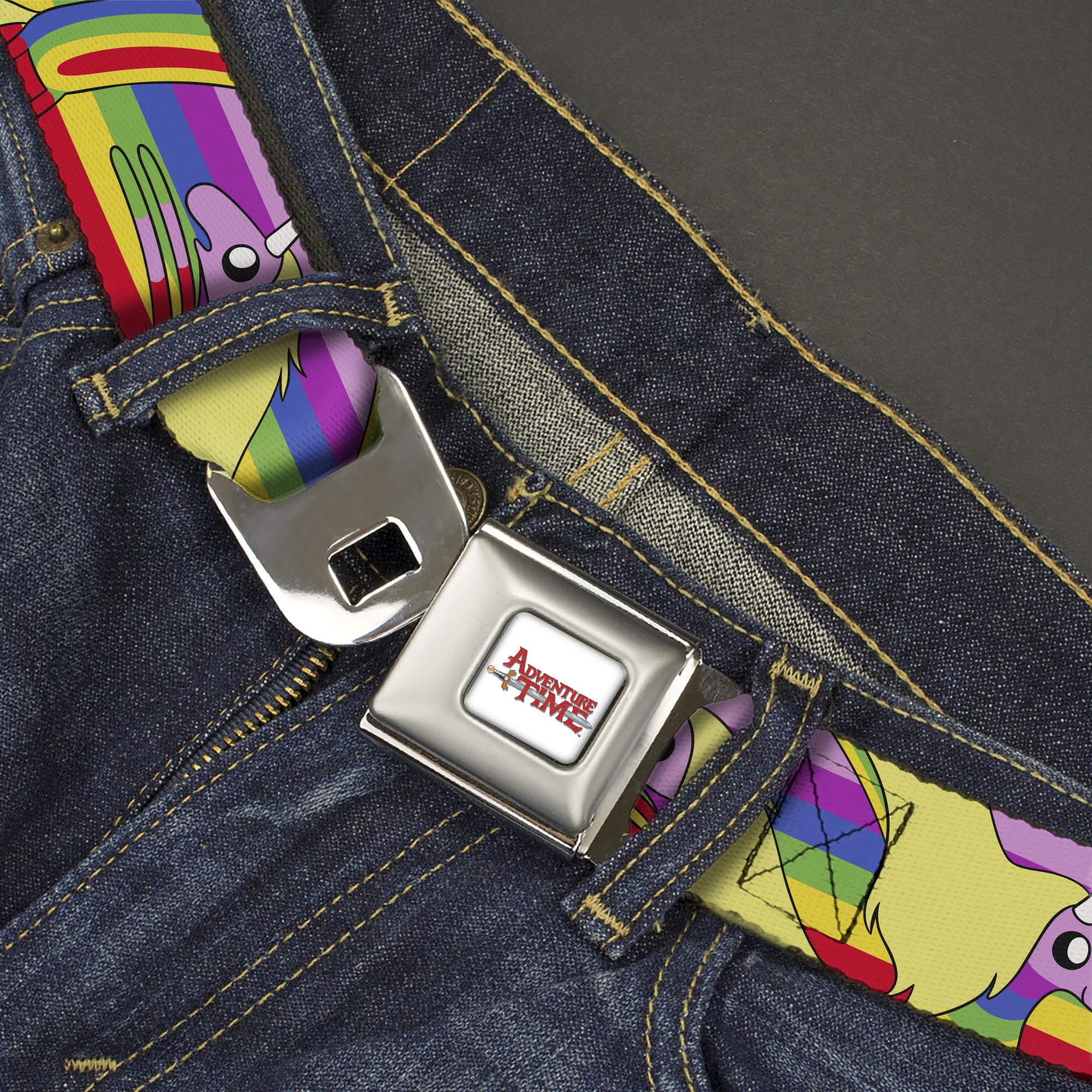 Cartoon Network Belt, Seatbelt Buckle Belt, Adventure Time Lady Raincorn Poses Stripe Rainbow, 24 to 38 Inches