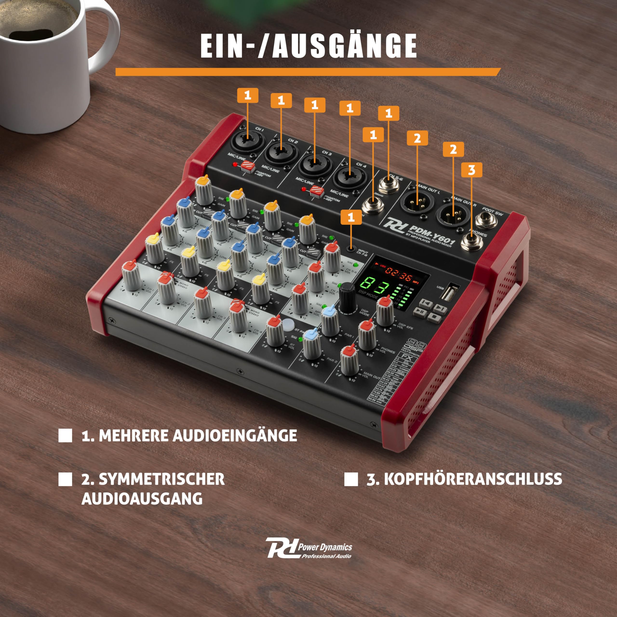 Power Dynamics PDM-Y601 6-Kanal Audio Mixer Mischpult Bluetooth, 48V Phantom Power, Soundboard PC, USB MP3 Audiomischpult Studio, Aufnahmen, 99 DSP Effekte, 24bit, 48kHz, Klinke, XLRY