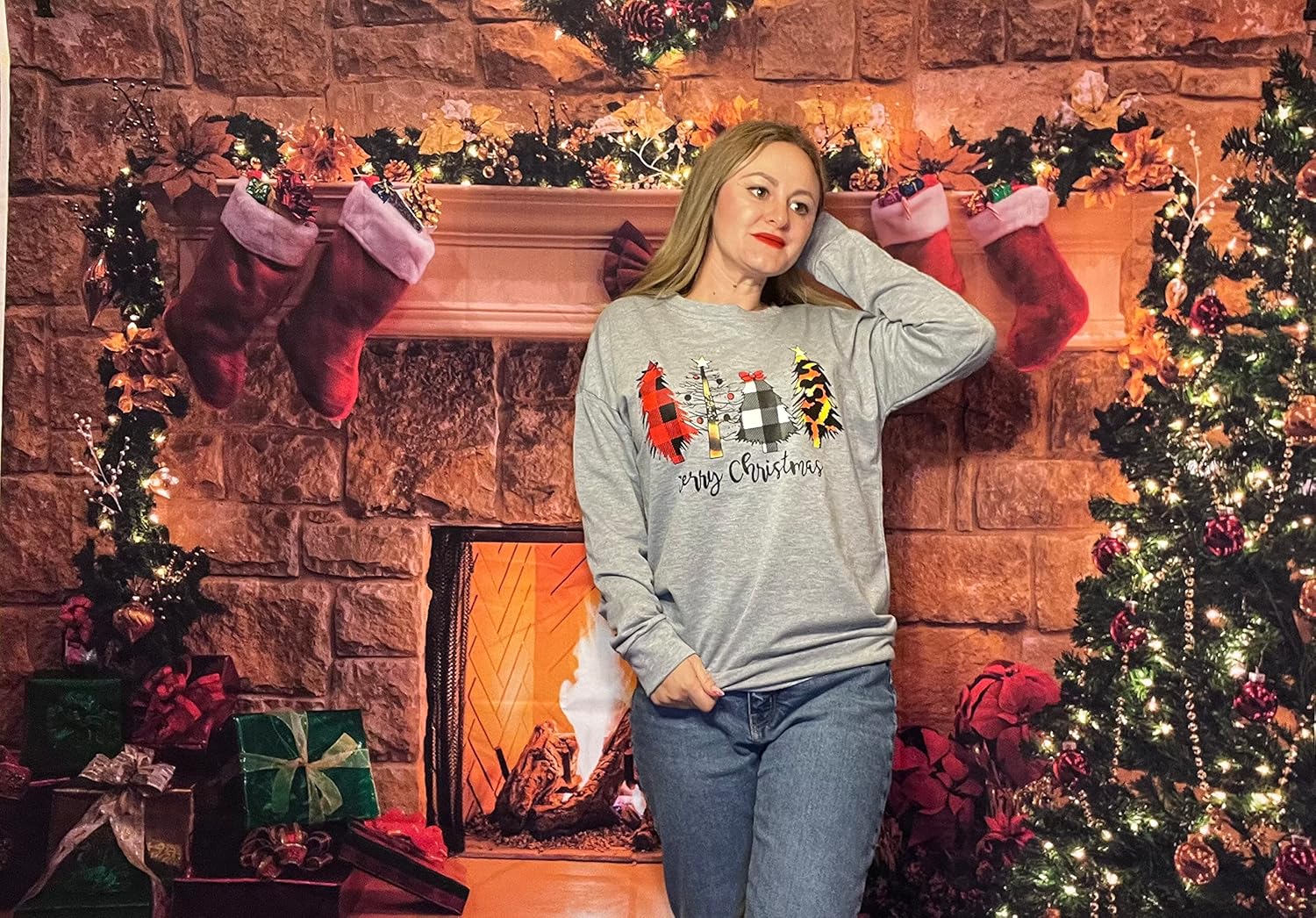 ASTANFY Merry Christmas Sweatshirt for Women Drop Shoulder Long Sleeve Christmas Tree Pullover Lightweight Shirt - Image 3