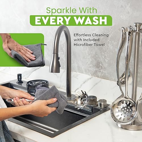 Miniatura 6 de BEN'SHOME Juego de herramientas de utensilios de acero inoxidable con soporte  Espátula, servidor de espaguetis, cuchara de drenaje, cuchara de