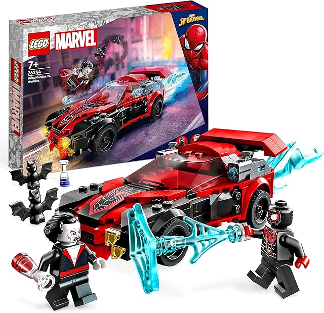 LEGO 76244 Marvel Miles Morales vs. Morbius, Spider-Man Building Toy for Boys and Girls with Race Car and Minifigures, Adventures in the Spiderverse Set
