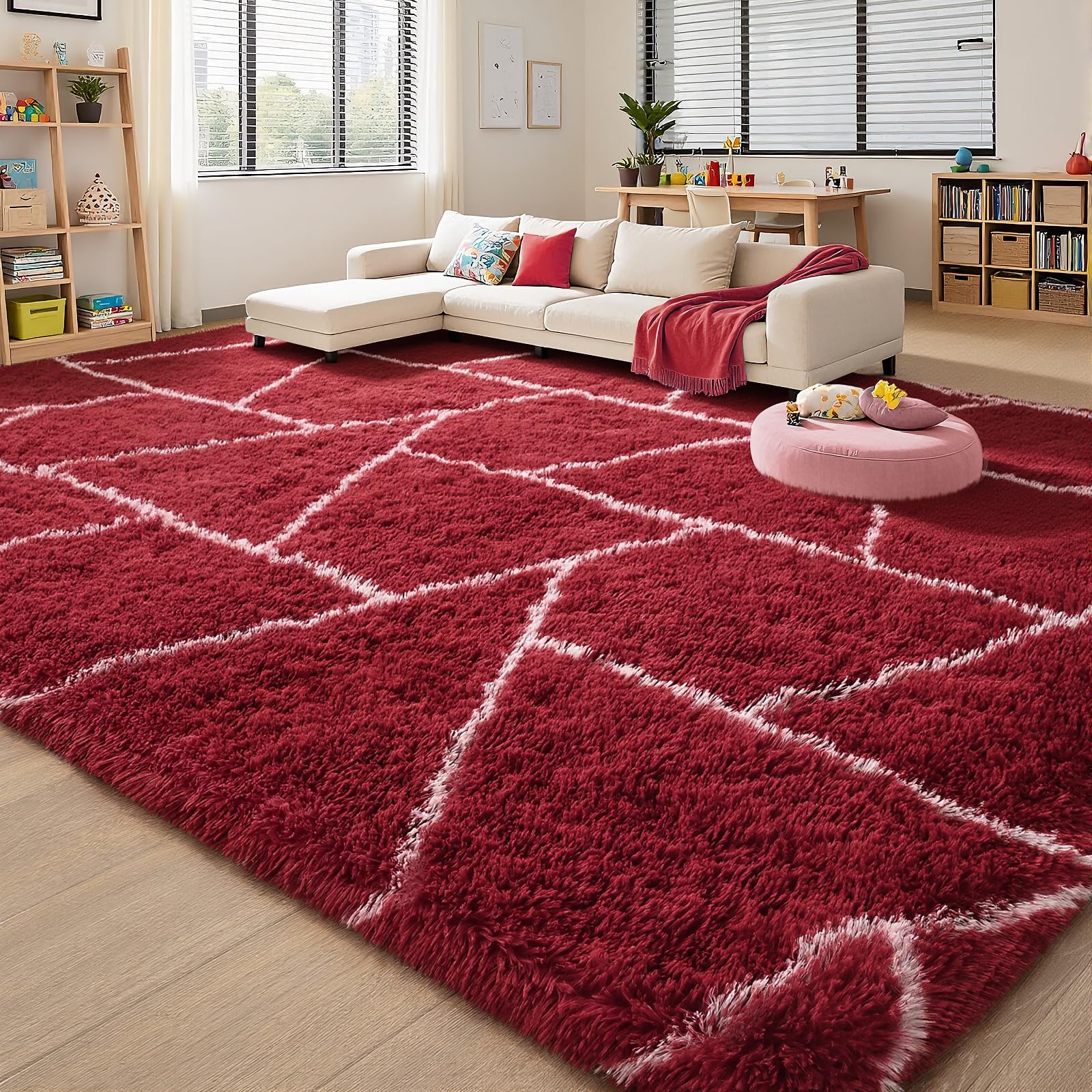 Tapis pelucheux à poils longs épais rouge et blanc anti-froid pour grand salon