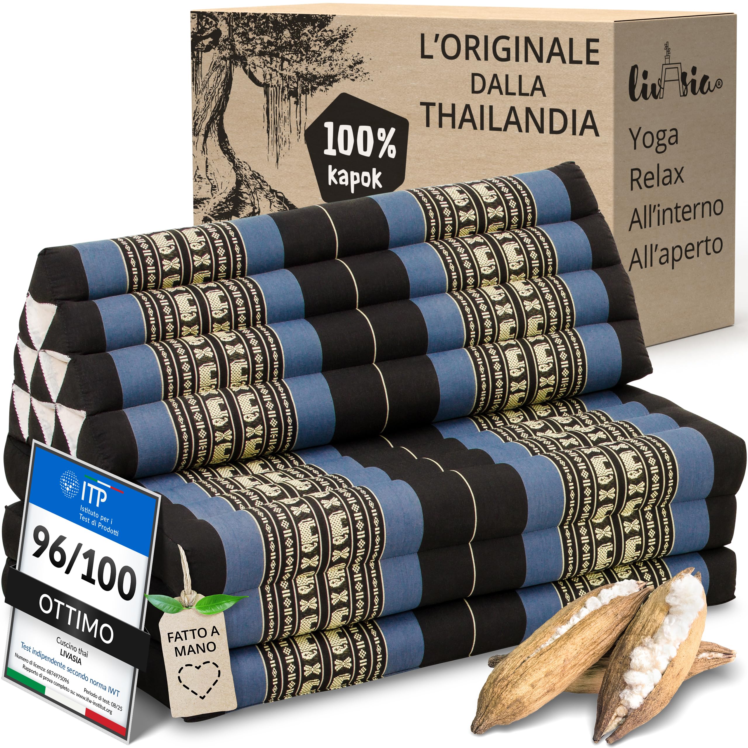 livasia Cuscino Thai a 3 segmenti per Due Persone XXL - 190x80x8cm - Cuscino Triangolare Materasso Pieghevole, kapok Largo, Cuscino per la Schiena Pieghevole, Cuscino da Meditazione (Blu/Elefanti)