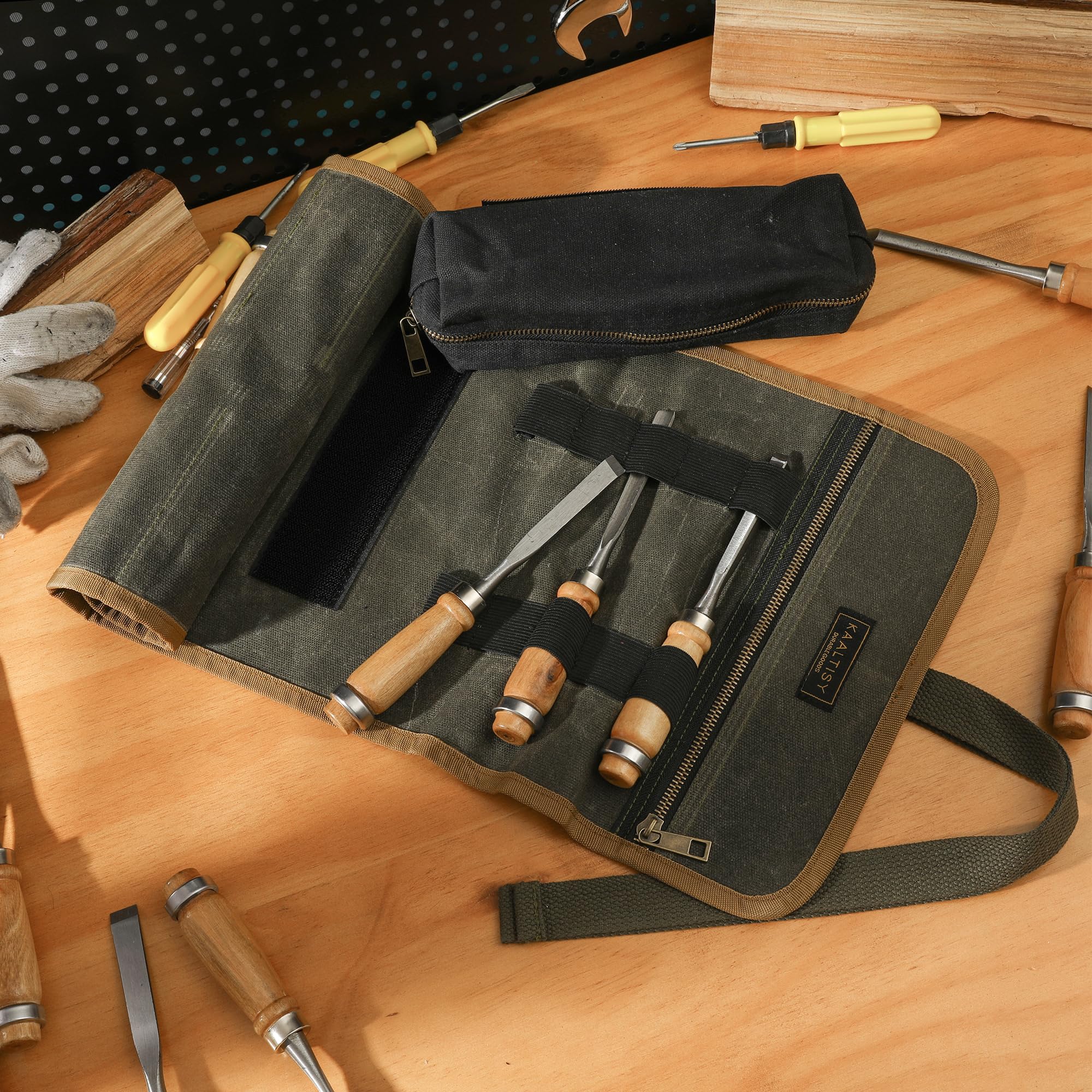 Rouleau à outils en toile cirée, 16 oz, Avec 1 poche zippée amovible et 7 compartiments, Sac de rangement pour mécanicien, plombier, camionneur, Vert militaire