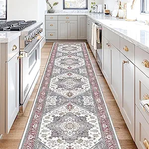 OPPODREAM Soft Entryway Rug 2x10, 2x10 Rug Runner, Washable Hallways Carpet 2 x 10 with Non Slip Backing, Low-Pile Bedside Carpet 2 x 10, Long, Faux Cashmere, Red & Grey