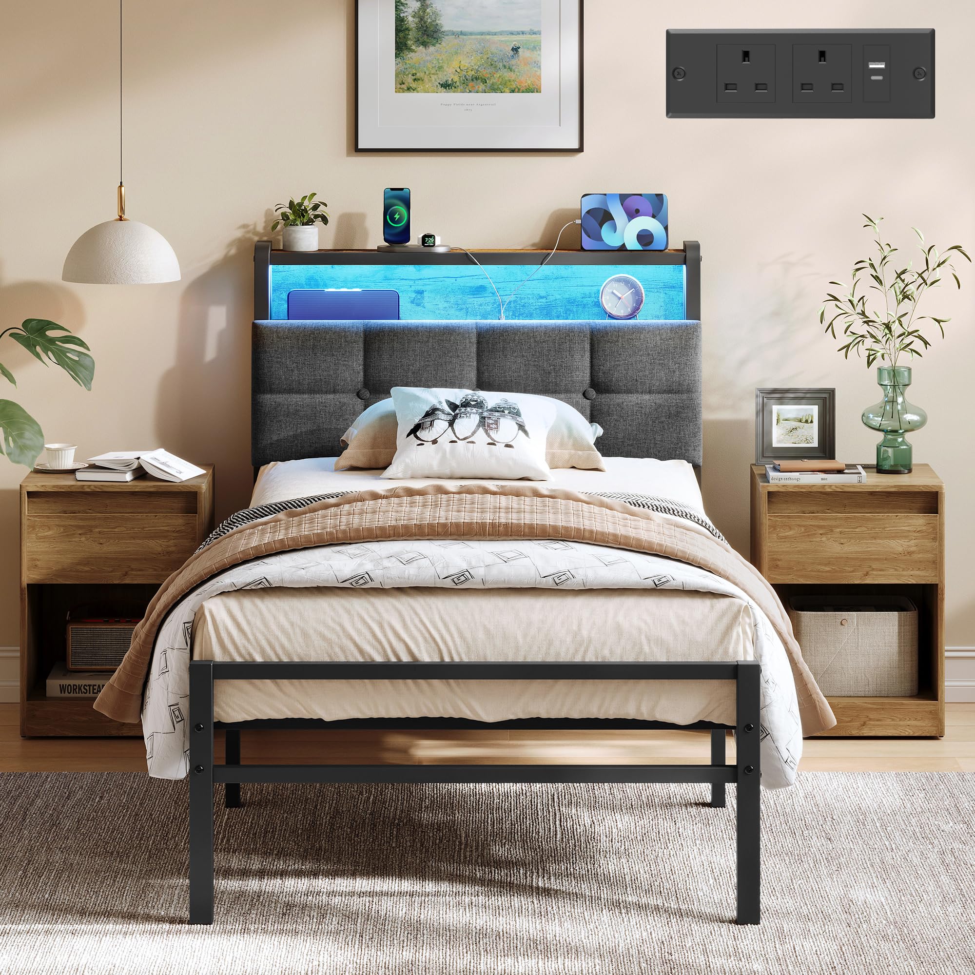 VASAGLE Single Bed Frame, Upholstered Headboard with LED Lights, Charging Station and 2-Tier Storage, 208.9 x 90.5 x 104.5 cm, Vintage Brown and Grey, Dupon Collection RMB121G102