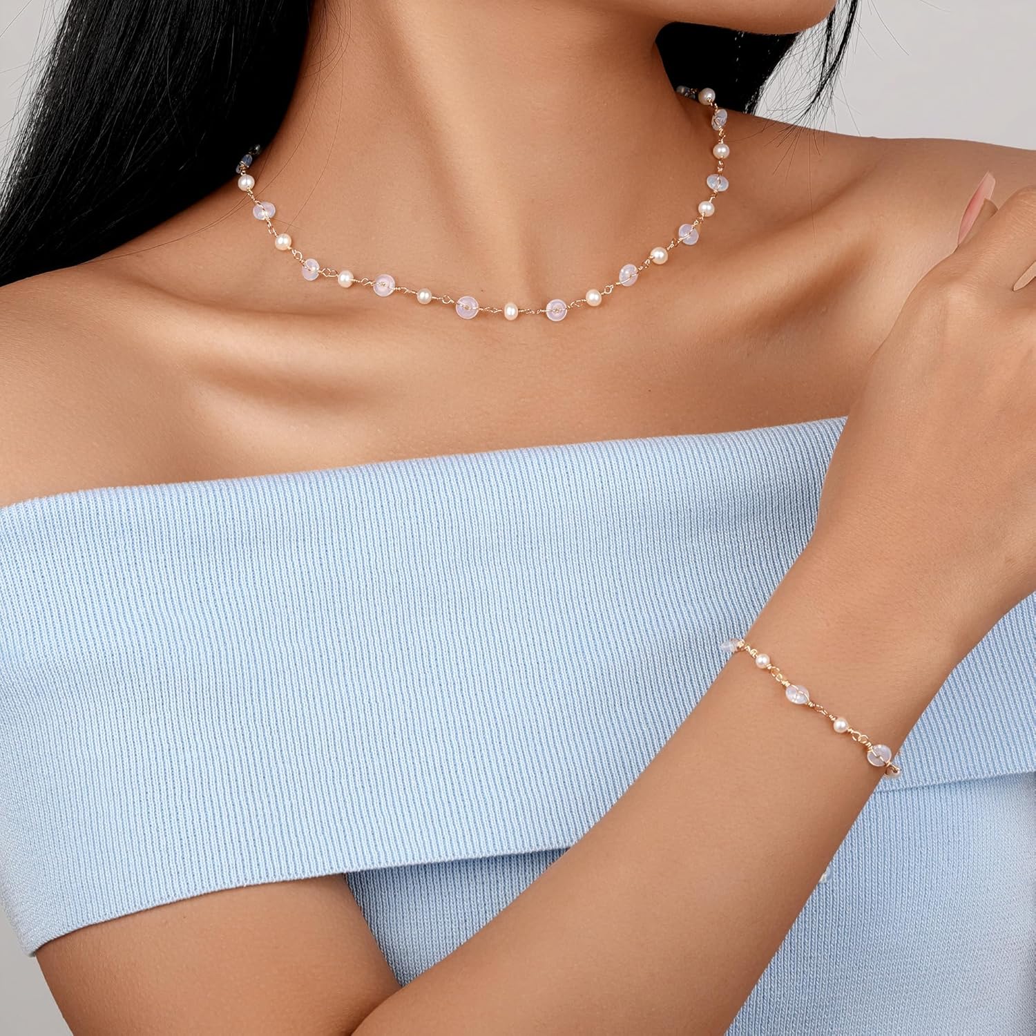 14K Gold Plated Opal & Pearls Necklaces for Women, Natural Freshwater Pearls Pendant for Mother, Dainty Opal Jewelry Chain for Women Her (Opal&Pearls) - Image 6