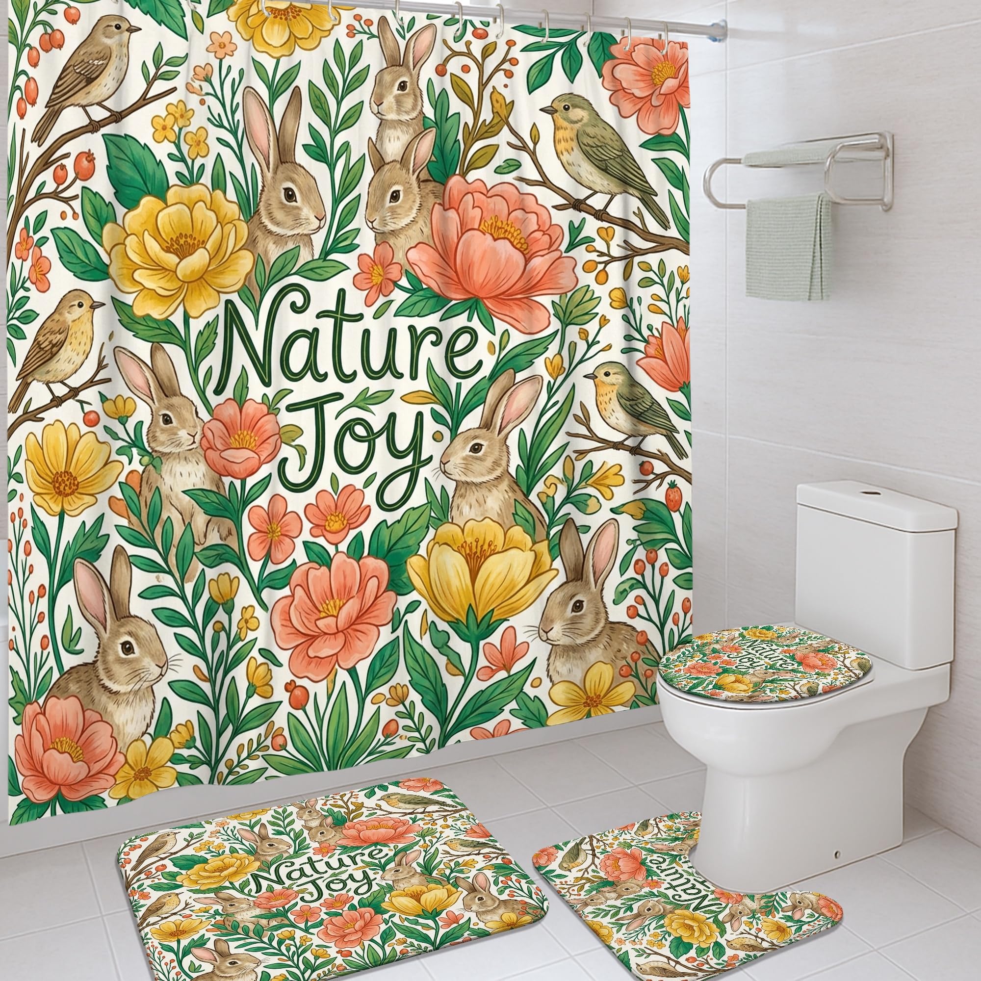 Rideau de douche anti éclaboussures et tapis de bain lapin oiseau