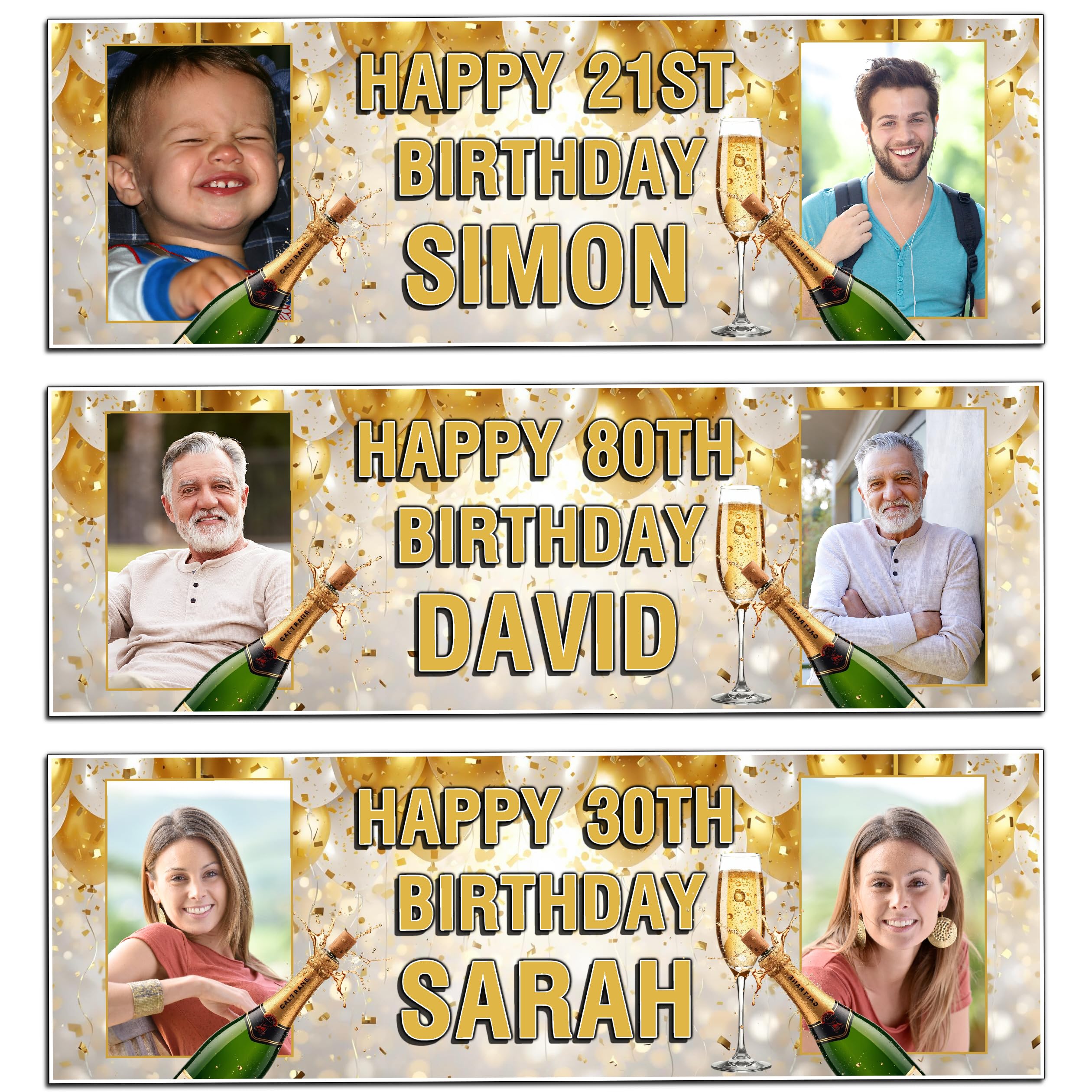 Personalised Happy Birthday Banner Photo 18th 21st 30th 40th 50th 60th 70th 80th Any Age Party Decorations Gold Champagne Balloons for him her Large
