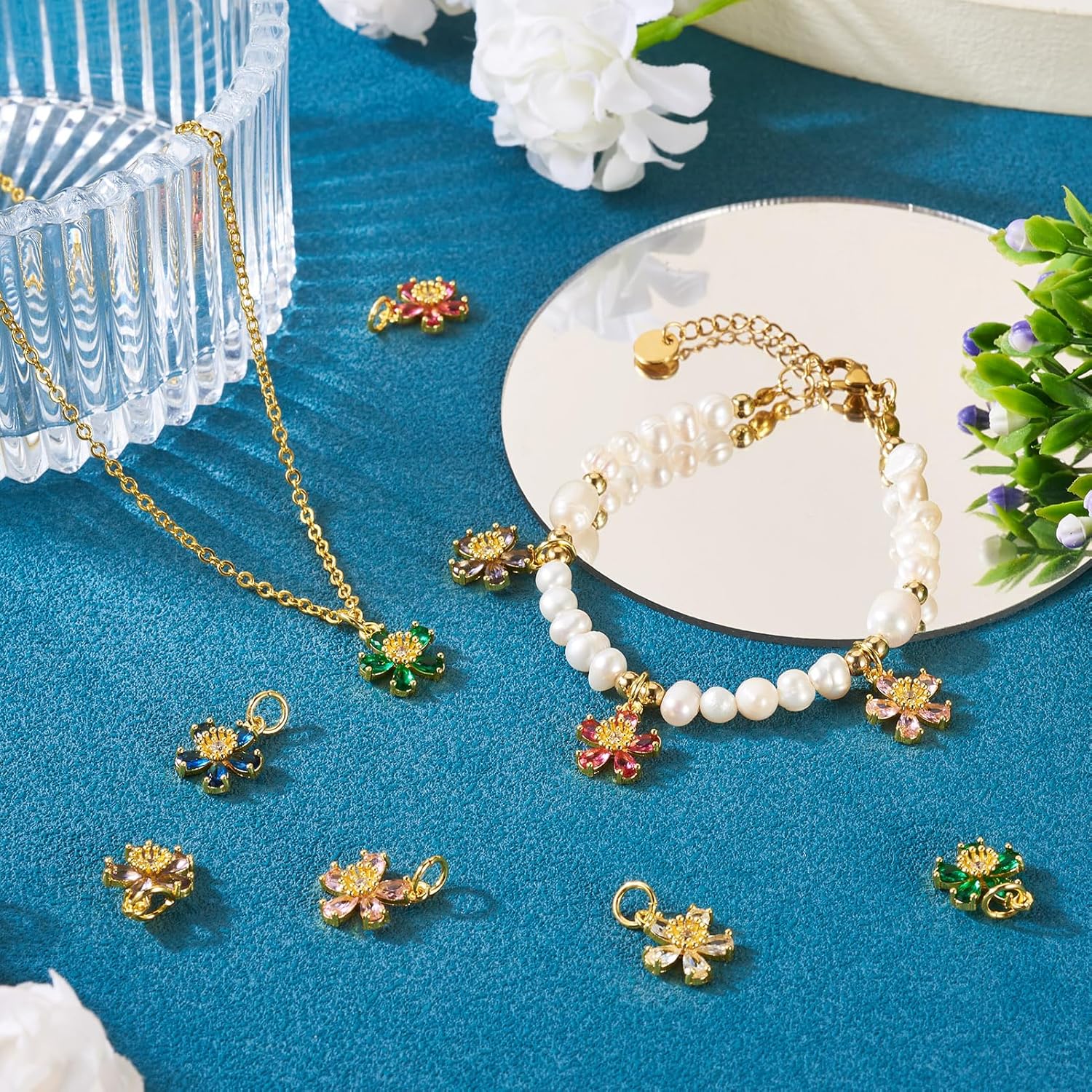 Craftdady Brass Micro Pave Cubic Zirconia Flower Pendants Mixed Color Flower Shape Micro Pave CZ Dangle Pendants Mini Floral Charm Bulk for DIY Necklaces Bracelets Jewelry Making - Image 2