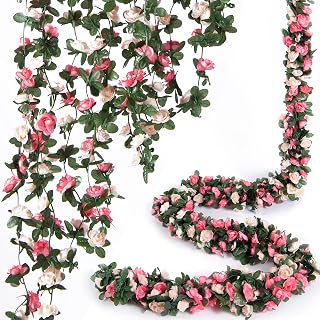 PONKING 8 Pack 8.2ft Artificial Pink Rose Garland Vines with Leaves - Realistic Fake Hanging Flowers for Wedding Arch, Party, Home Wall Decor