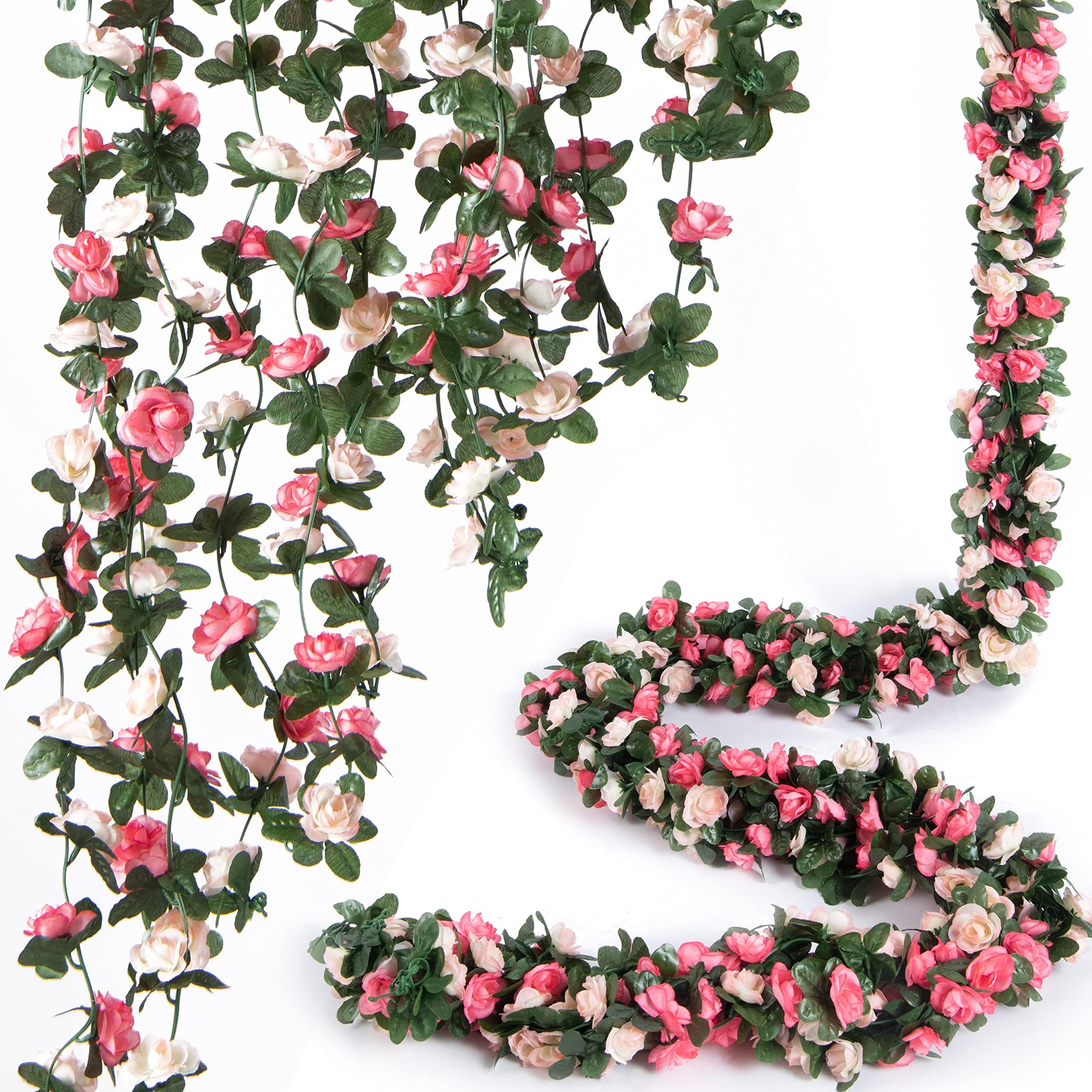8pcs x 8.2ft Artificial Flower Garland Floral Rose Vine Decor, Pink Flowers | PONKING Fake Rose Vine Flowers Hanging Faux Roses String for Room Party Home Wedding Birthday Wall Arch Decoration