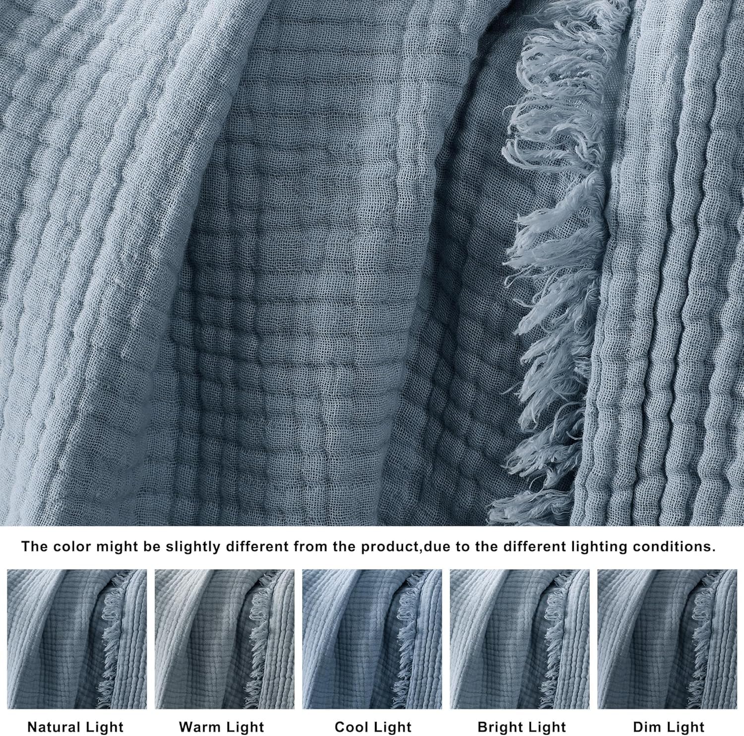 R.SHARE Coperta Mussole 100% Cotone per Adulti 130x150cm Coperta Cotone 4 Strati con Frange Traspirante Morbida Copriletto Estivo Matrimoniale Copridivano, Blu