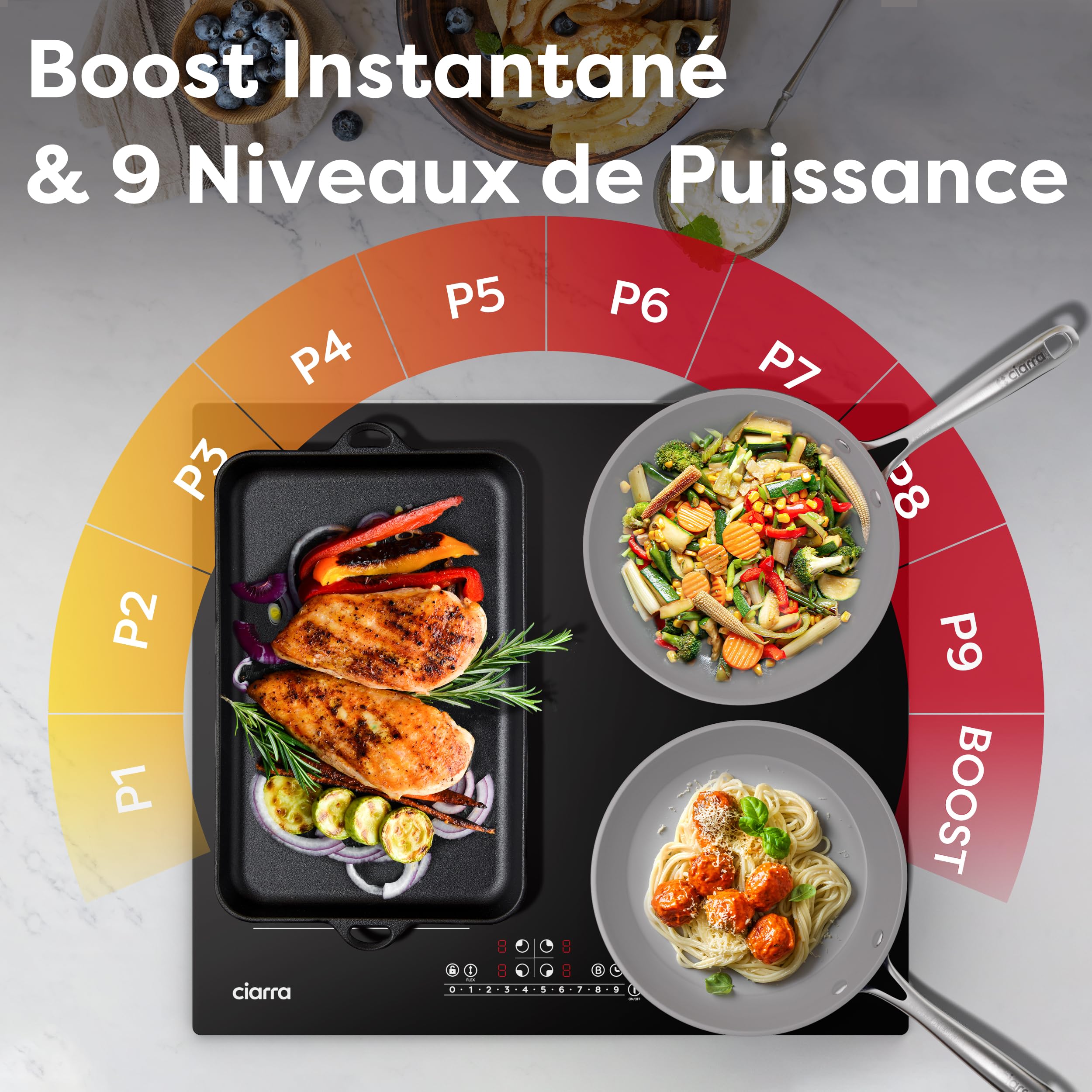 Ciarra 7200W Plaque de Cuisson à Induction 4 Feux - 1 Zone Flexible - Fonction Boost - Commande Tactile - 9 Niveaux de Puissance - Verrouillage d'enfant - Idéale cuisine familiale - Noir