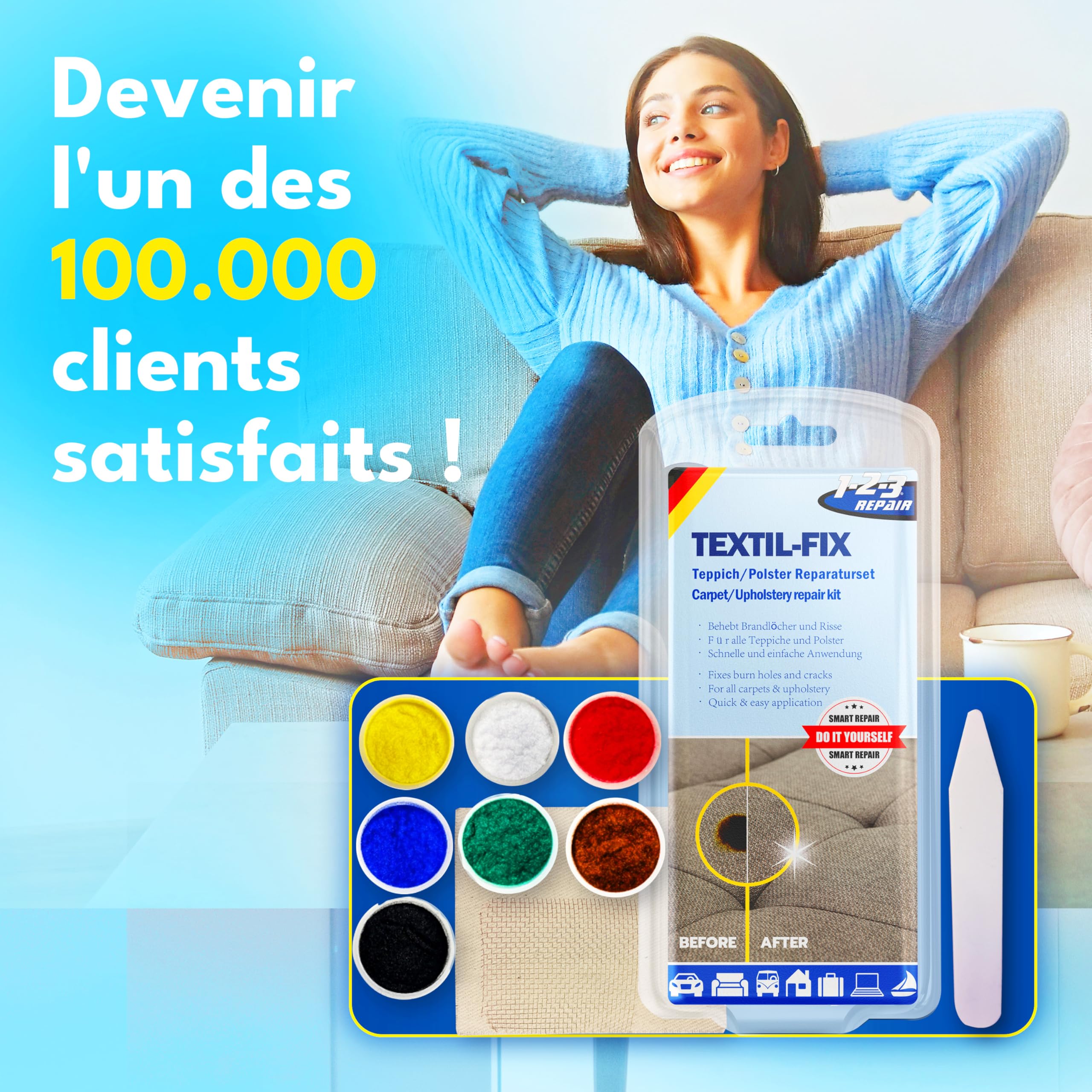 Kit Reparation Siege Auto Tissu – Répare Trous, Brûlures et Déchirures, Kit Reparation Tissu Voiture et Canapé, 7 Couleurs, 13 Pièces