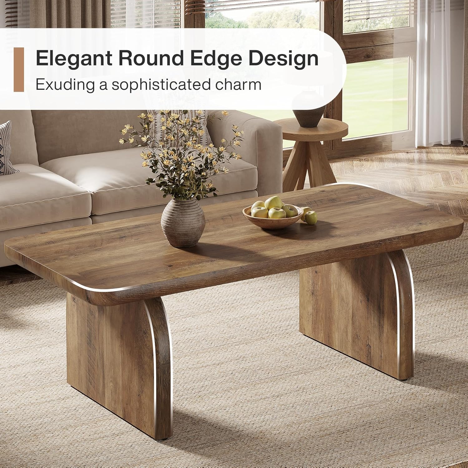 Tribesigns Coffee Table for Living Room, 47-Inch Farmhouse Rectangule Center Table with Rounded Corners, Mid-Century Modern Low Large Cocktail Tea Furniture, Easy Assembly (Rustic Brown)