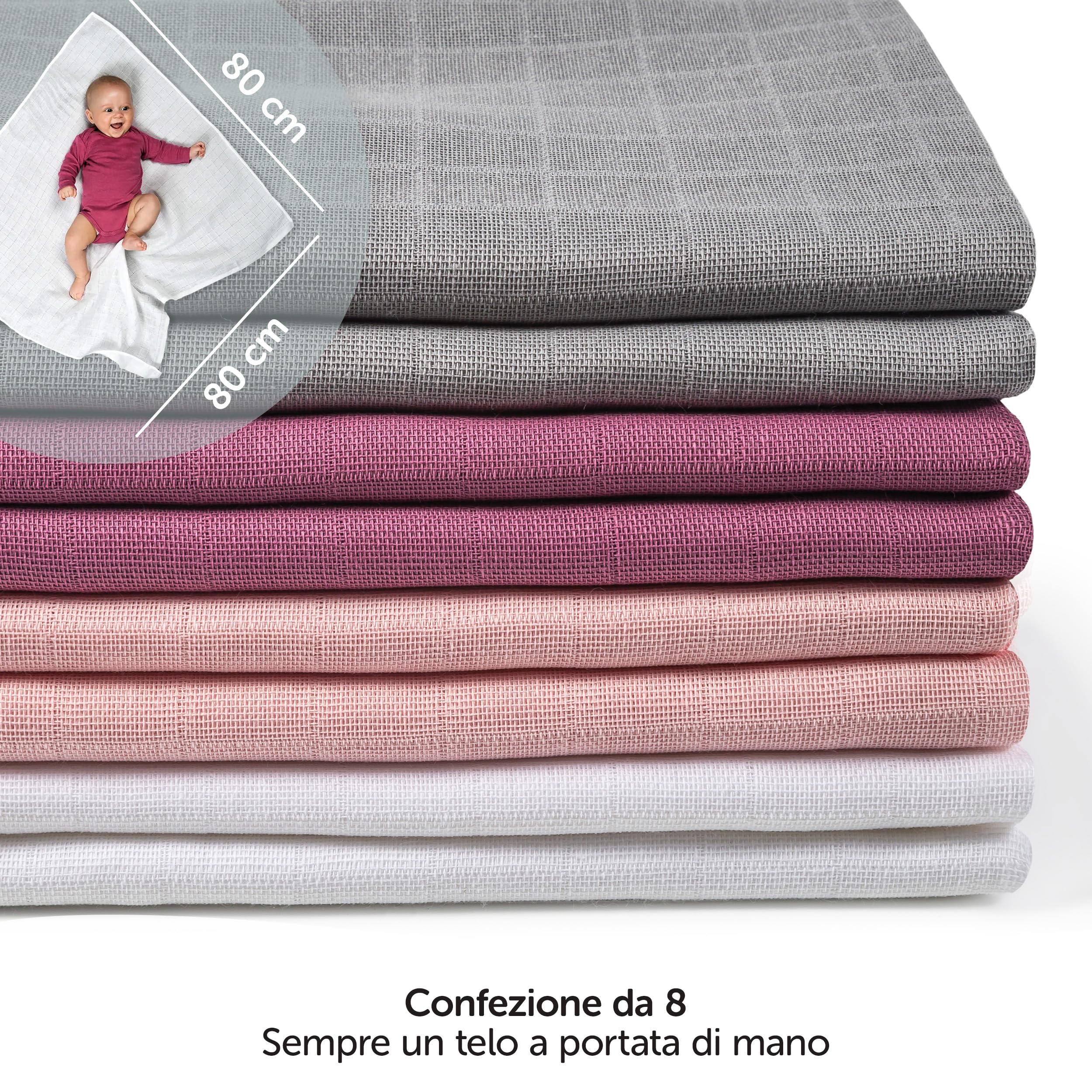 MAKIAN Set da 8 Mussole Neonato 80x80 cm - Teli in Mussola/Salviette Neonato in 100% Cotone, Test OekoTex Standard 100, Lavabili in Lavatrice