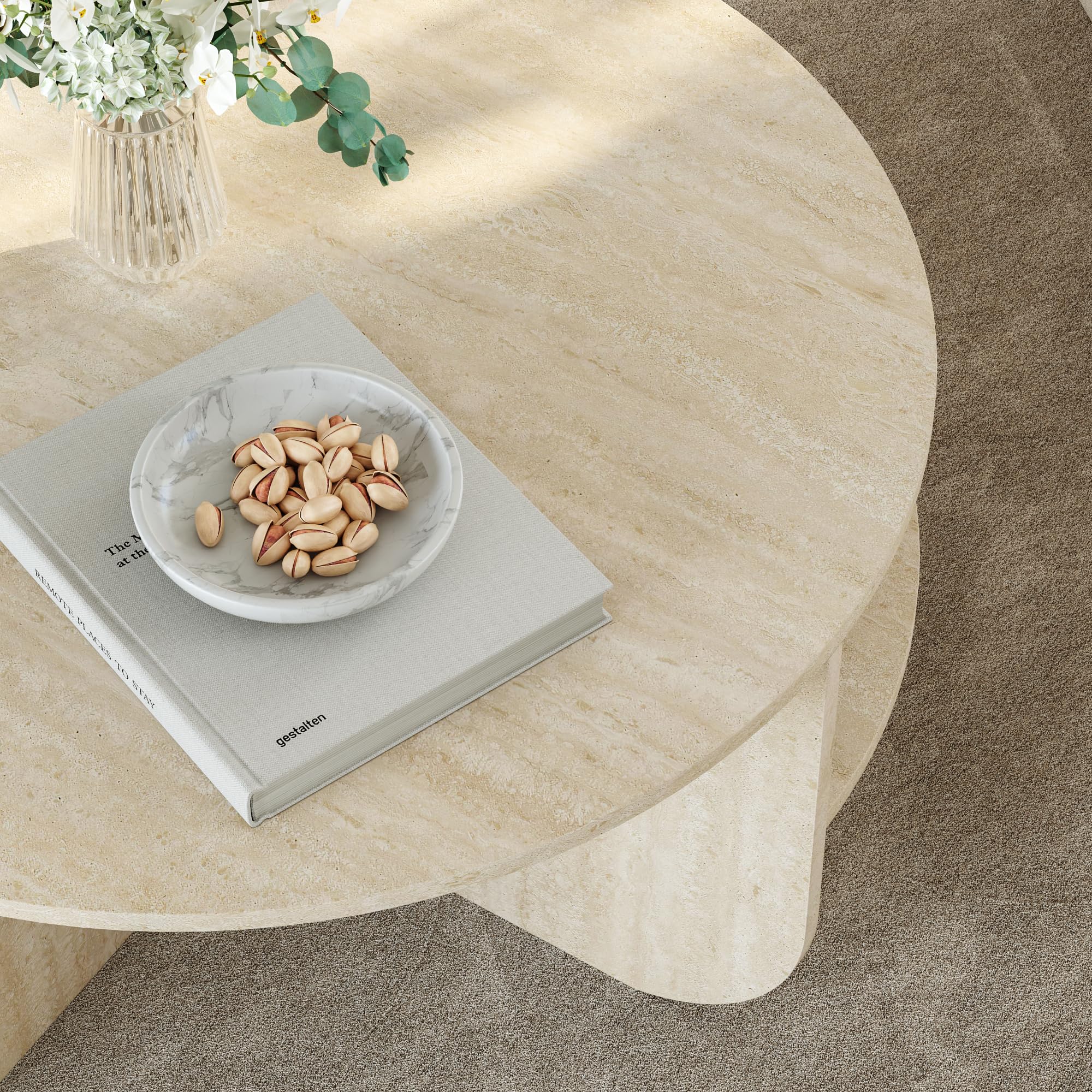 [en.casa] Tavolino Centrale da Salotto Tavolo Basso Rotondo con Ripiano Tavolino da caffè per Soggiorno Area Living Ø80 x 41 cm Color Avorio Travertin