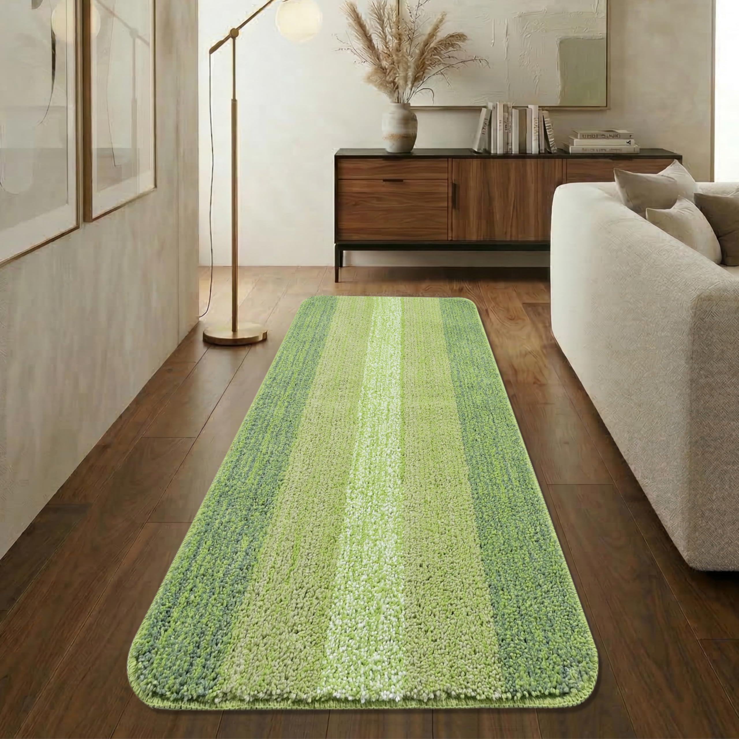Saral Home Microfiber Striped Rectangle Anti-Skid Runner|Soft & Super Absorbent, Washable Multipurpose Bedside Runner for Home/Kitchen/Lobby/Office Entrance, (Sage Green, 50X100-1PC)