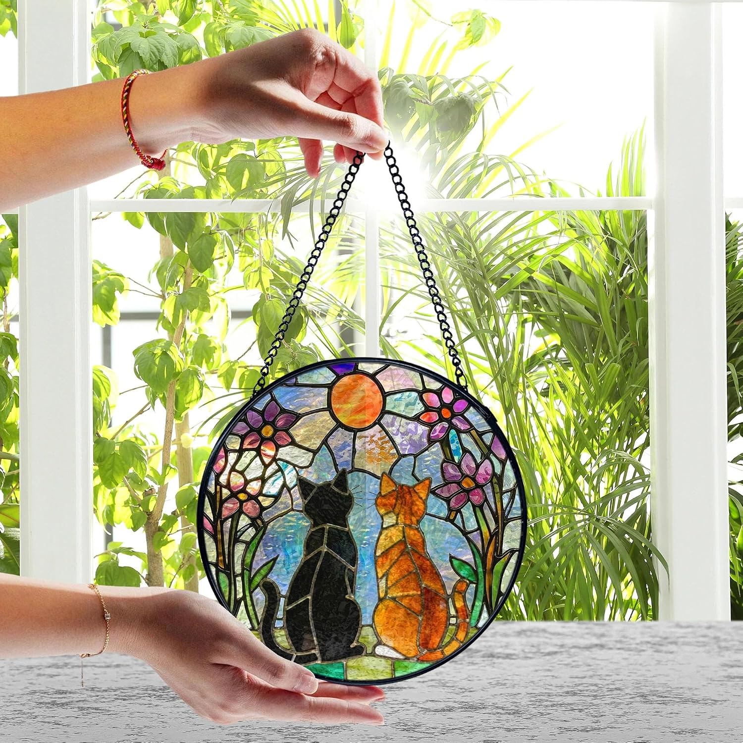 Black and Orange Cat Stained Glass Window Hanging, Black Orange Cat Gifts Sun Catchers Indoor Window Round Glass Wall Art Decor, Cats Flower Suncatcher Wall Hanging Decorations, Lawn Care