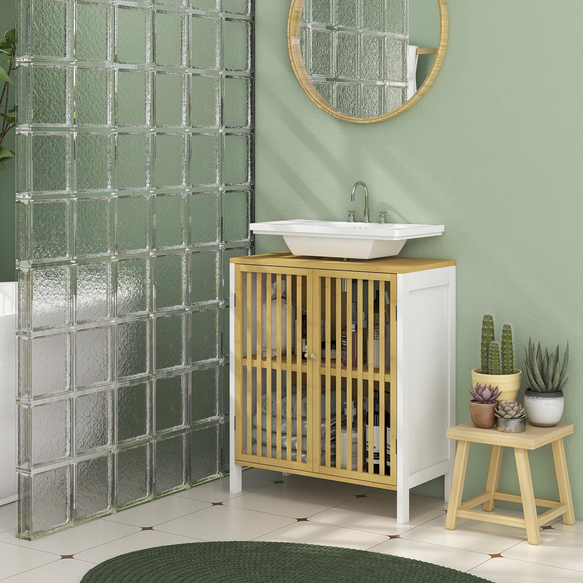 HOMCOM Mueble para Debajo del Lavabo Armario de Almacenamiento Bajo Lavabo de Bambú con Estante Ajustable y Puerta Doble Carga 30 kg 60x30x70 cm Blanco y Natural