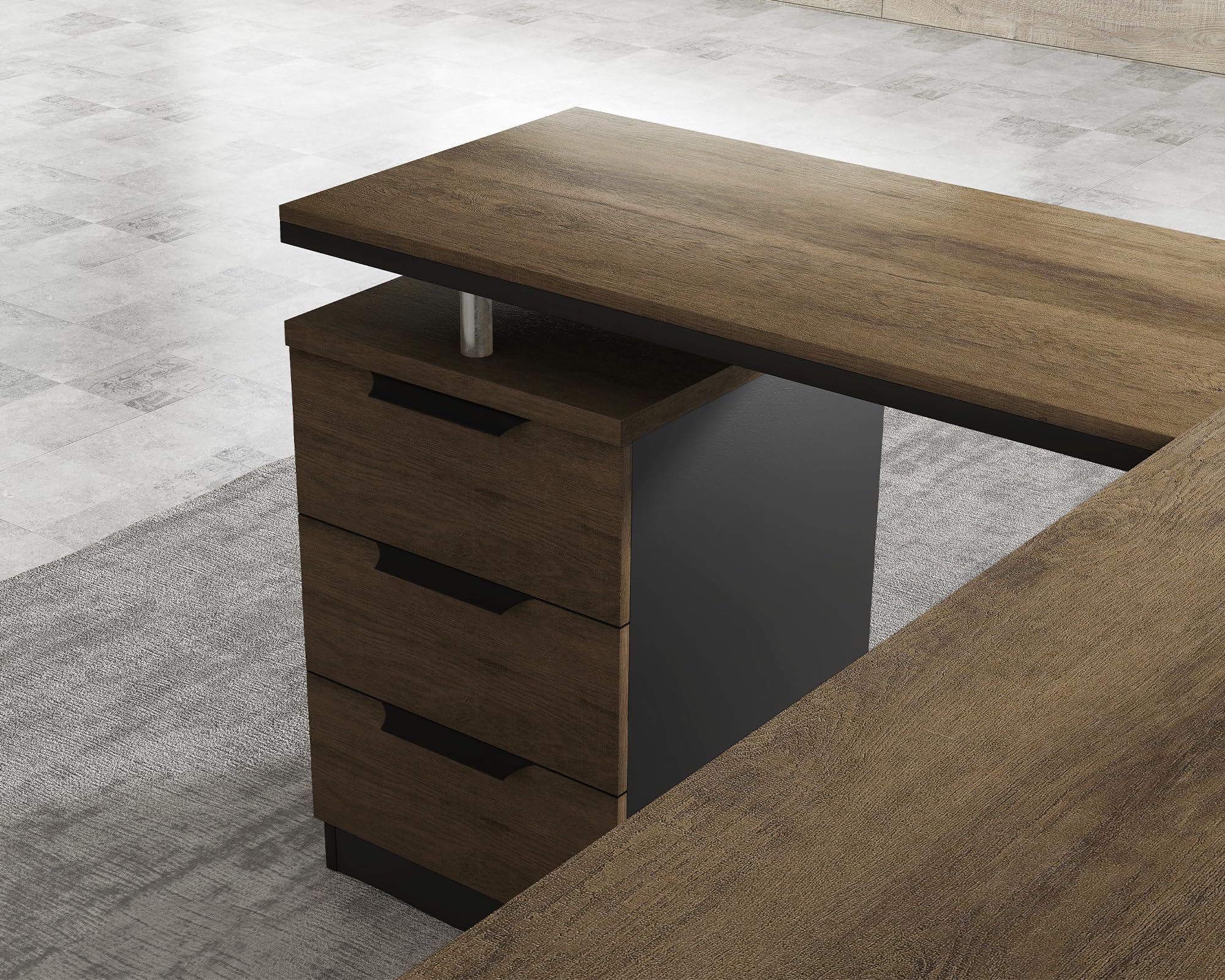 Scrivania da ufficio industriale moderna da 160 cm, con 3 cassetti, finitura in finto legno, gestione dei cavi integrata e presa di corrente, perfetta per casa, ufficio e uso aziendale