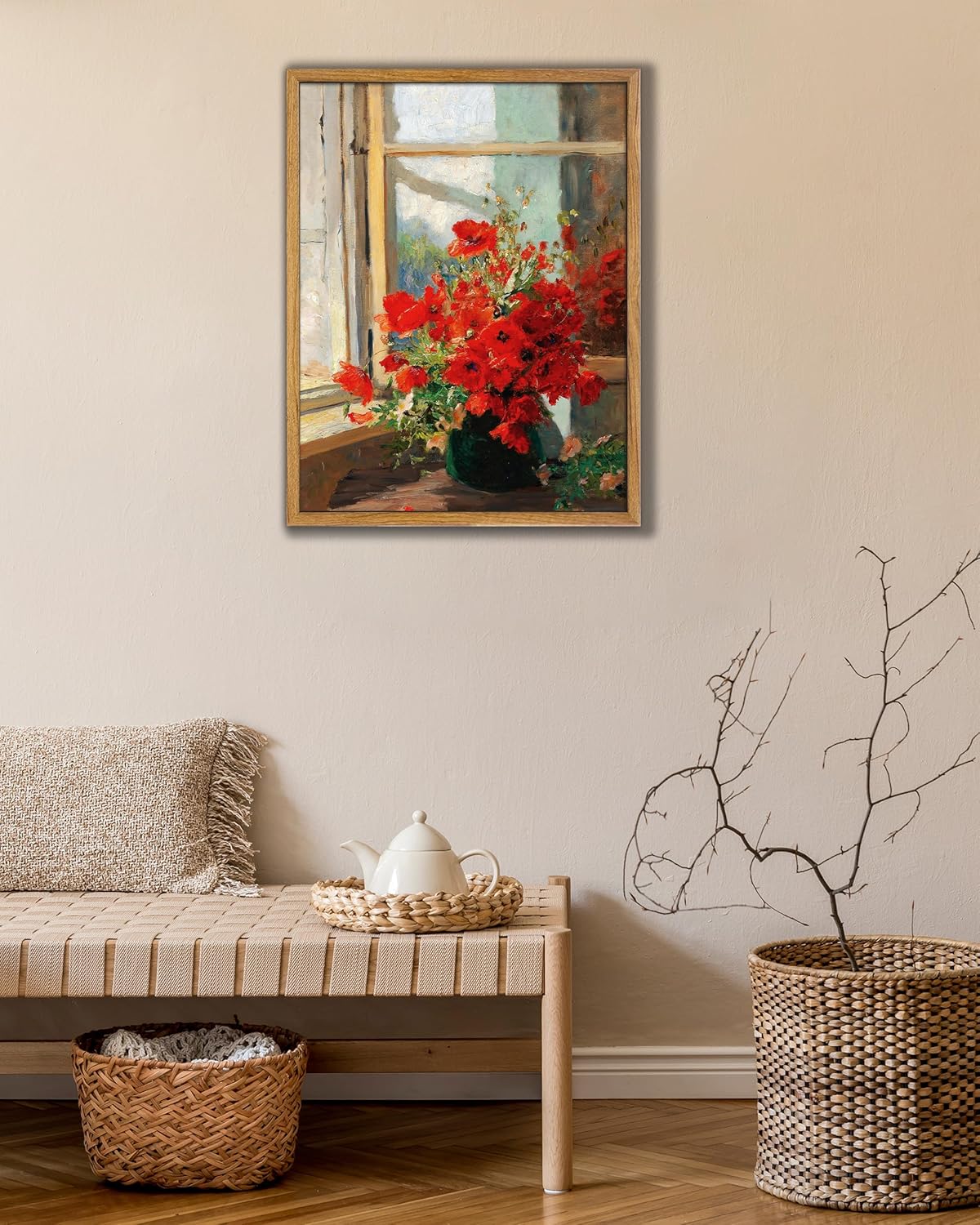 UPWOIGH 12x16 in Framed Wall Art, Red Poppies by the Window Oil Painting Canvas, Vintage Farmhouse Rustic Decor, Red Flowers Print, Antique Wall Decor for Living Room Bedroom, 1 Pack Gift