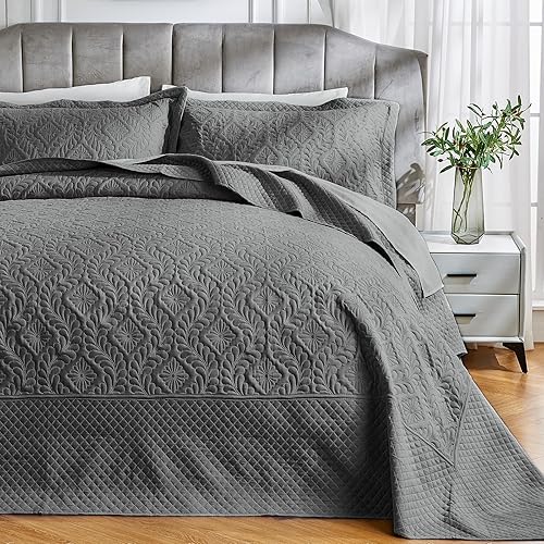 Qucover Juego de edredón tamaño King de gran tamaño, color gris oscuro, acolchado ultrasónico de microfibra suave, edredón de gran tamaño King,