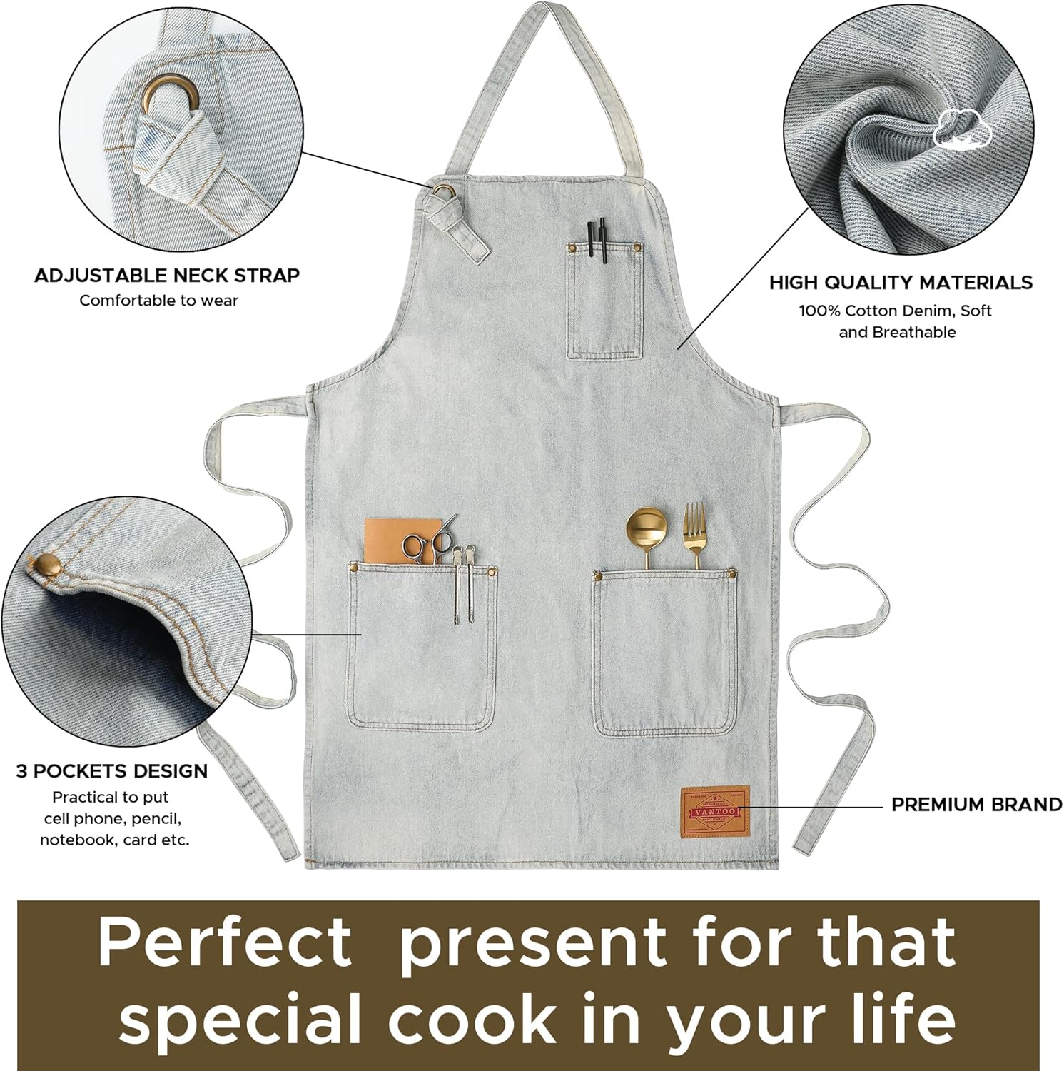 Denim Chef Apron for Women with Pockets, Jean Waitress Server Kitchen Apron for Men Cooking Gardening Painting - Image 5