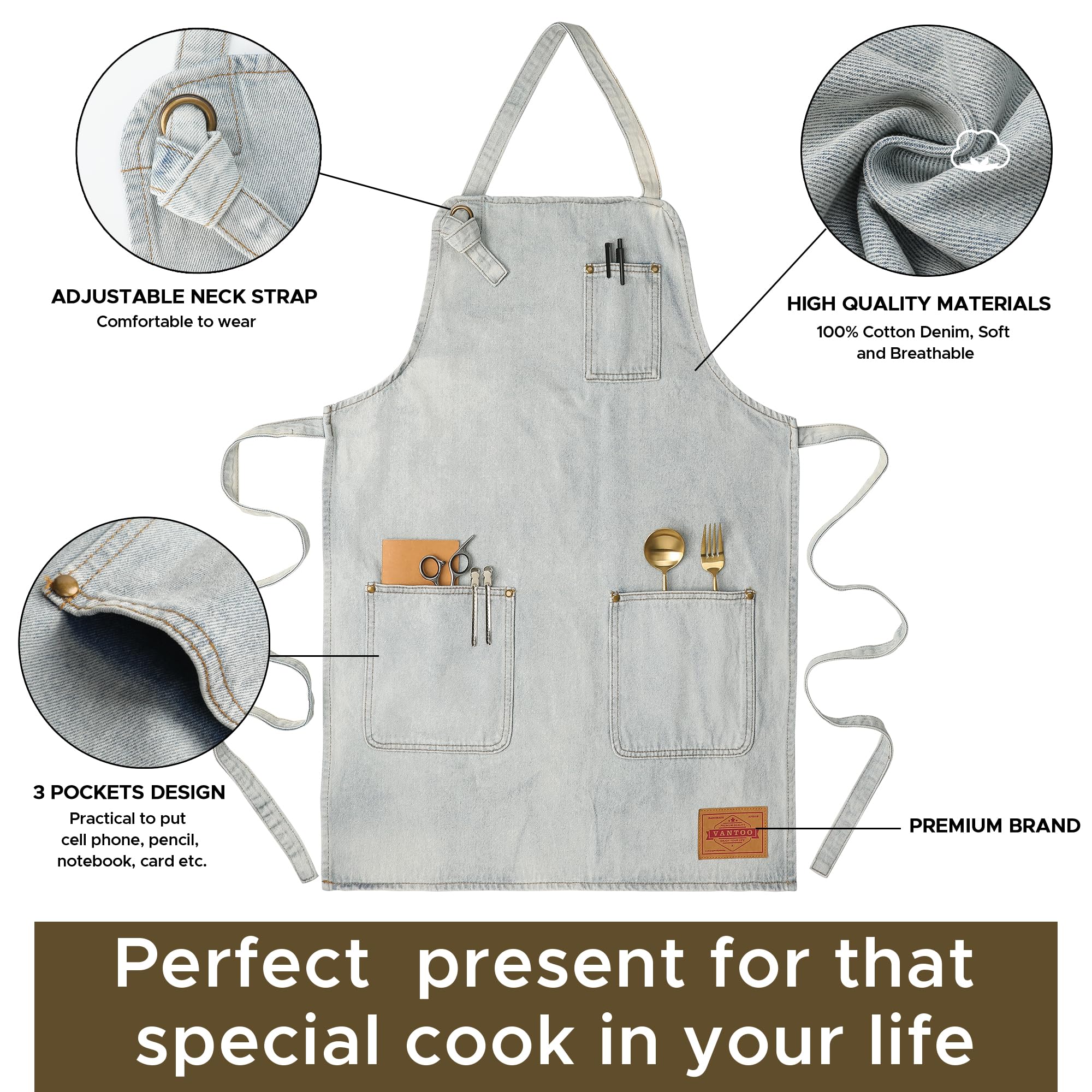 Delantal de chef con bolsillos, delantal de cocina de mezclilla para hombres y mujeres, regalo para mujeres y hombres, mamá y papá